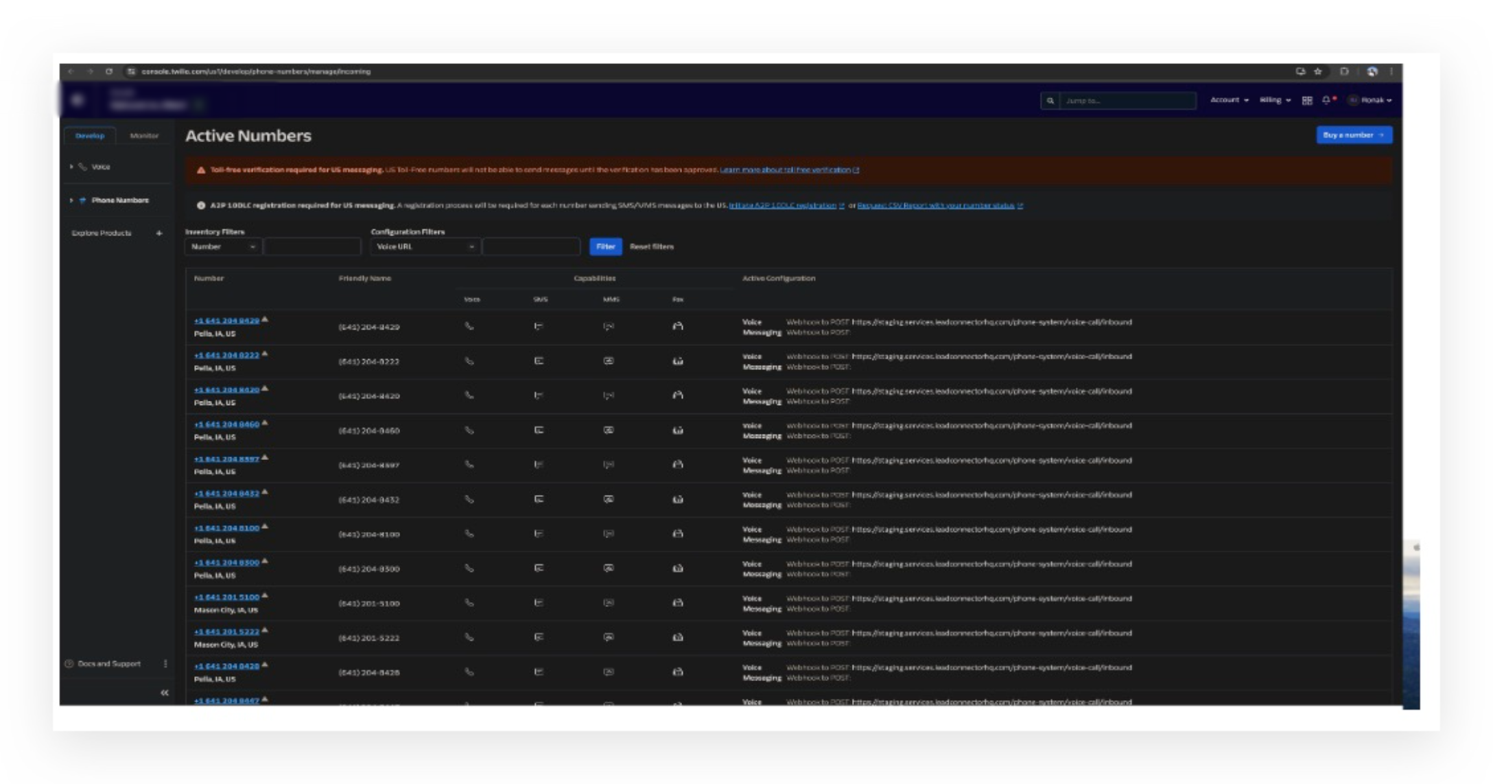 Setting up webhooks to receive incoming calls, messages and status updates for calls (for Twilio users) – Step 1: Open the Phone Number