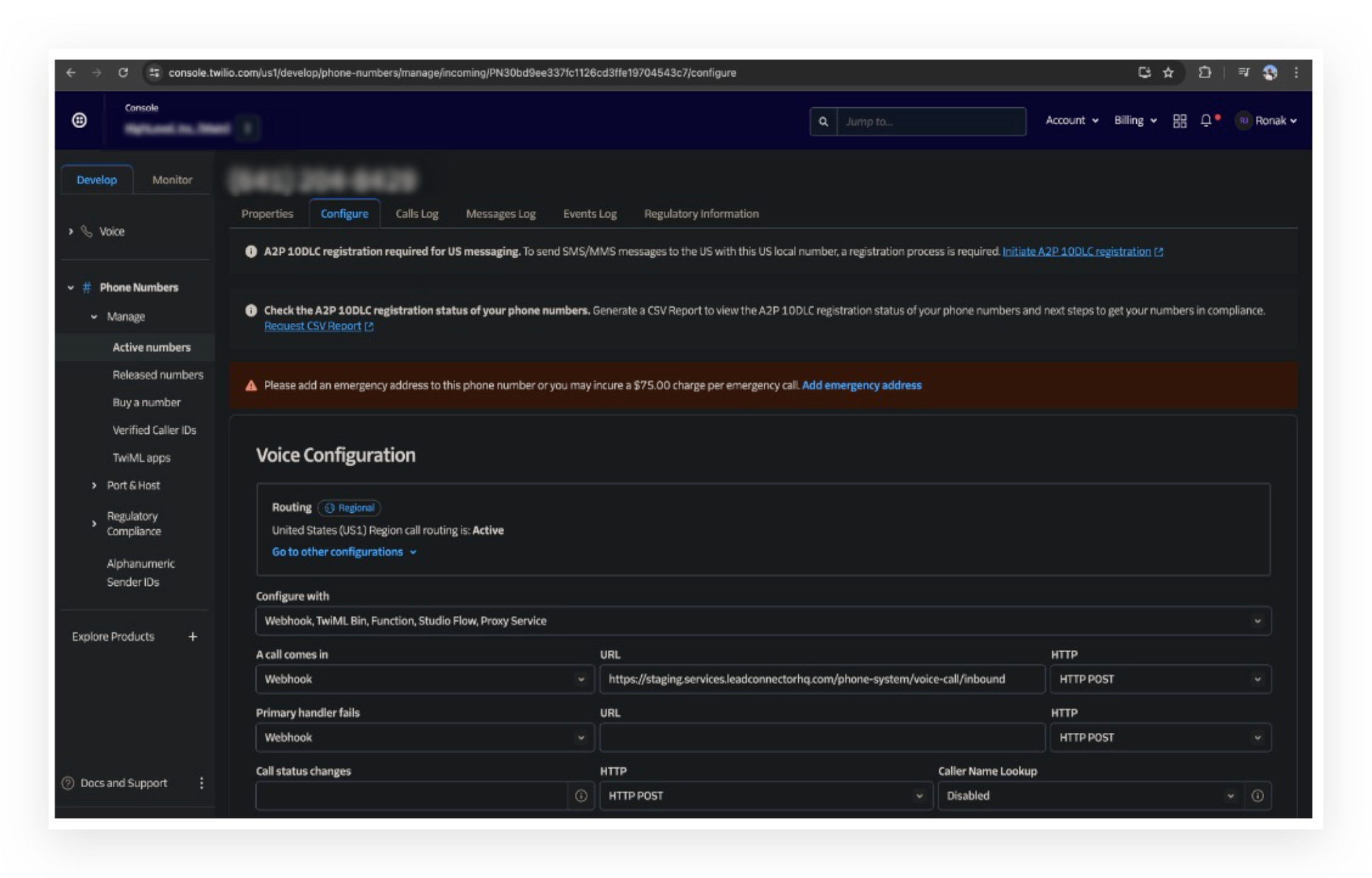 Setting up webhooks to receive incoming calls, messages and status updates for calls (for Twilio users) – Step 2: Open the Number's Configuration