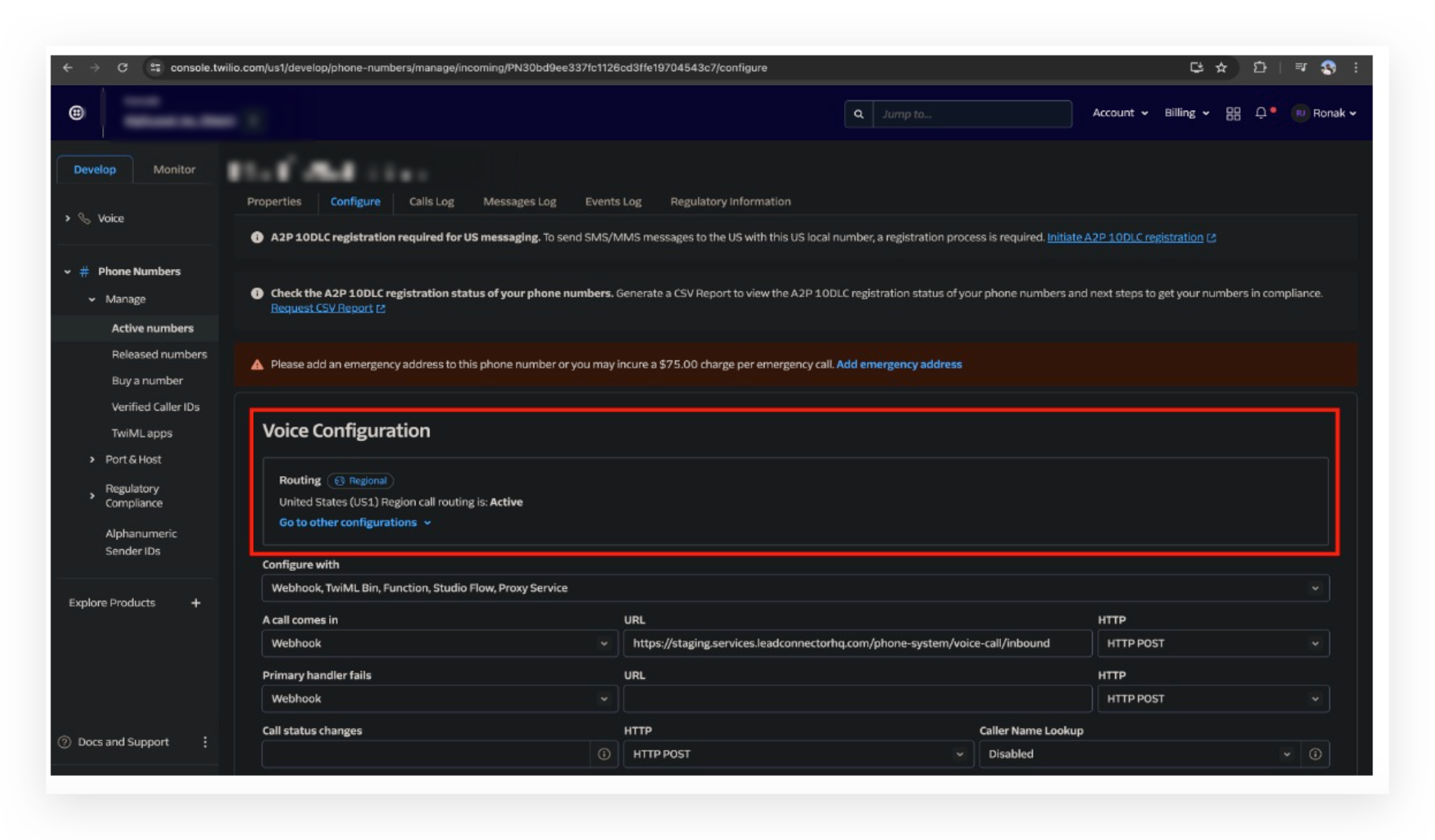 Setting up webhooks to receive incoming calls, messages and status updates for calls (for Twilio users) – Step 3: Confirm US1 Voice Routing