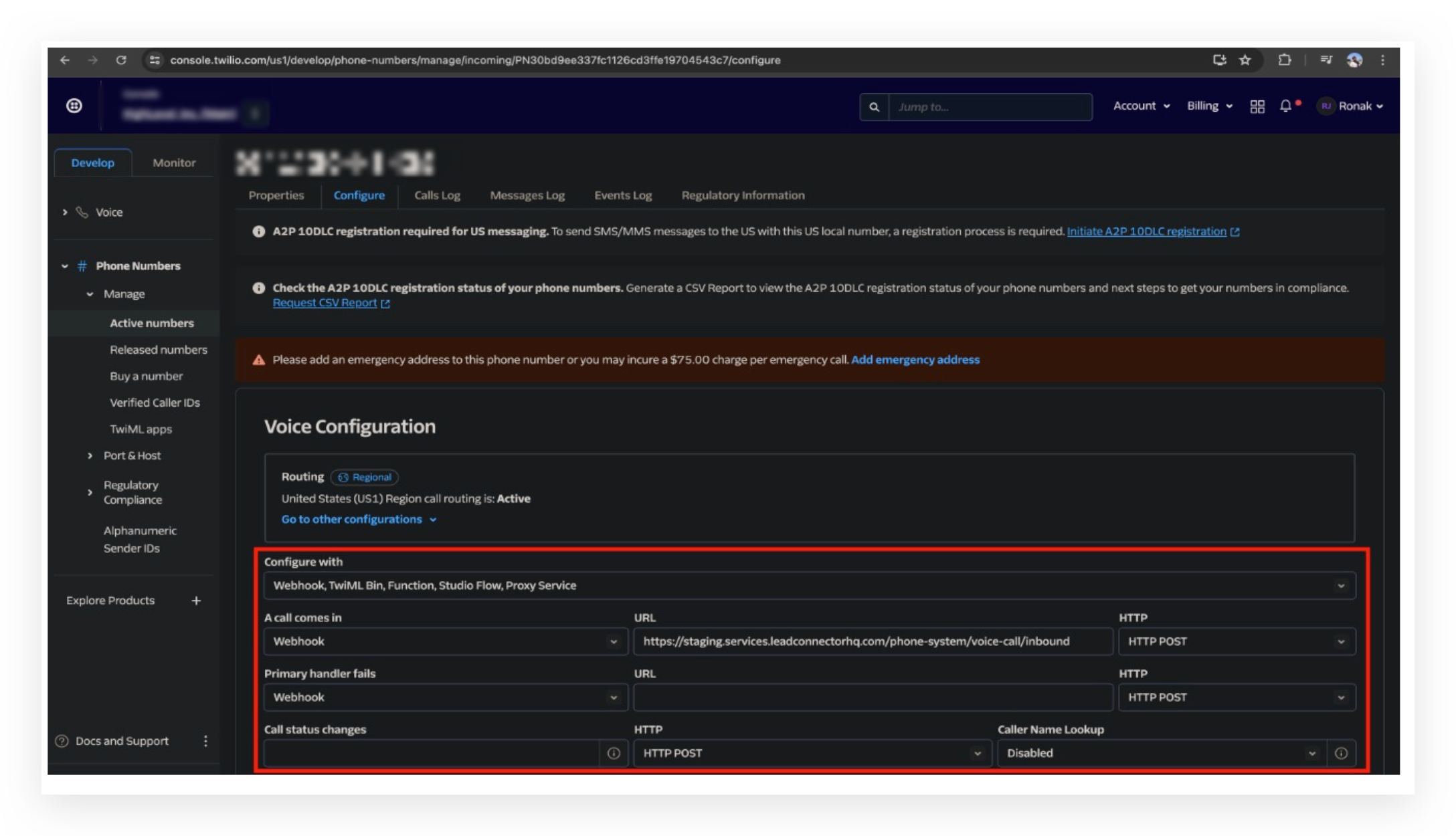 Setting up webhooks to receive incoming calls, messages and status updates for calls (for Twilio users) – Step 4: Configure Incoming Calls and Call Status Updates