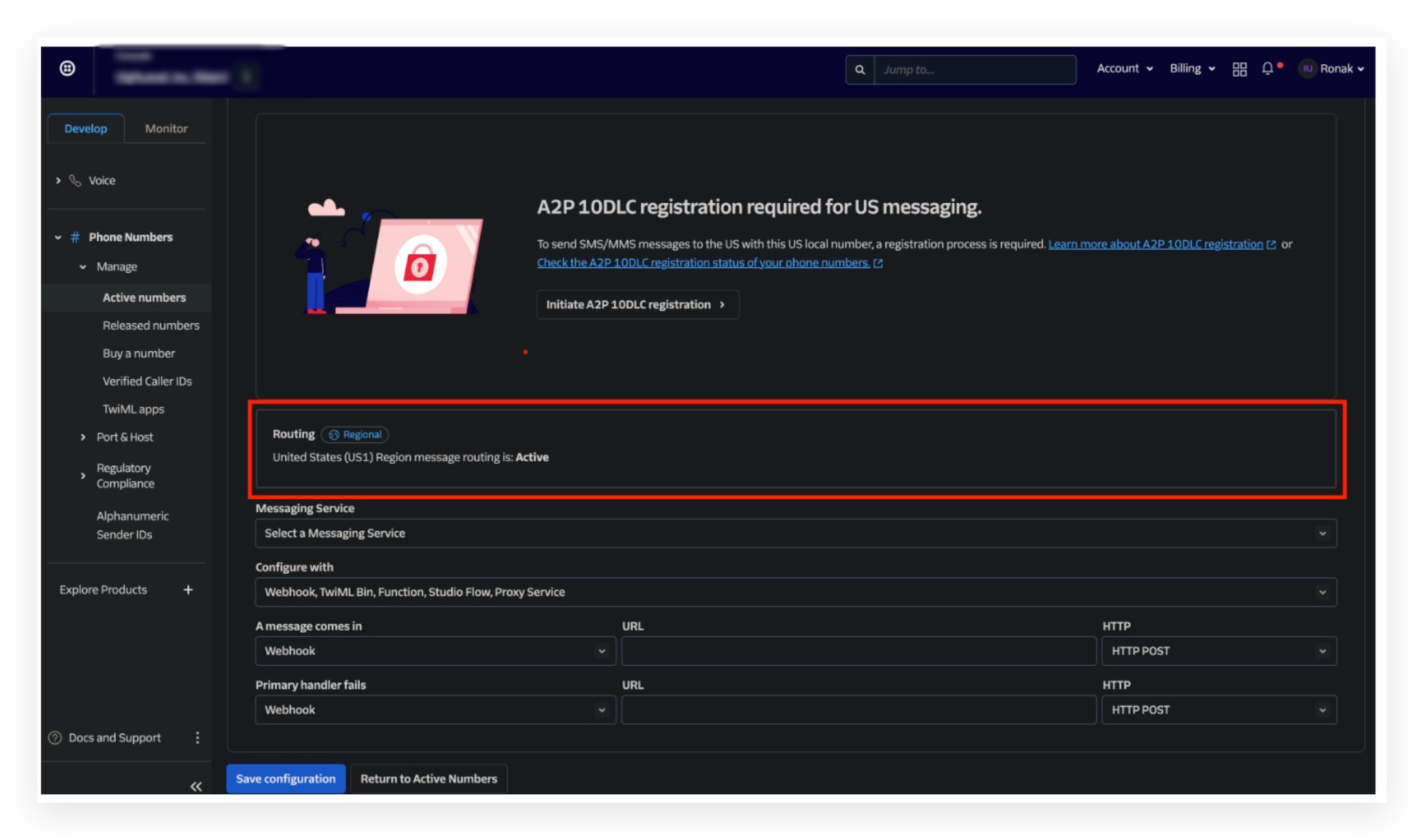 Setting up webhooks to receive incoming calls, messages and status updates for calls (for Twilio users) – Step 5: Confirm US1 Messaging Routing