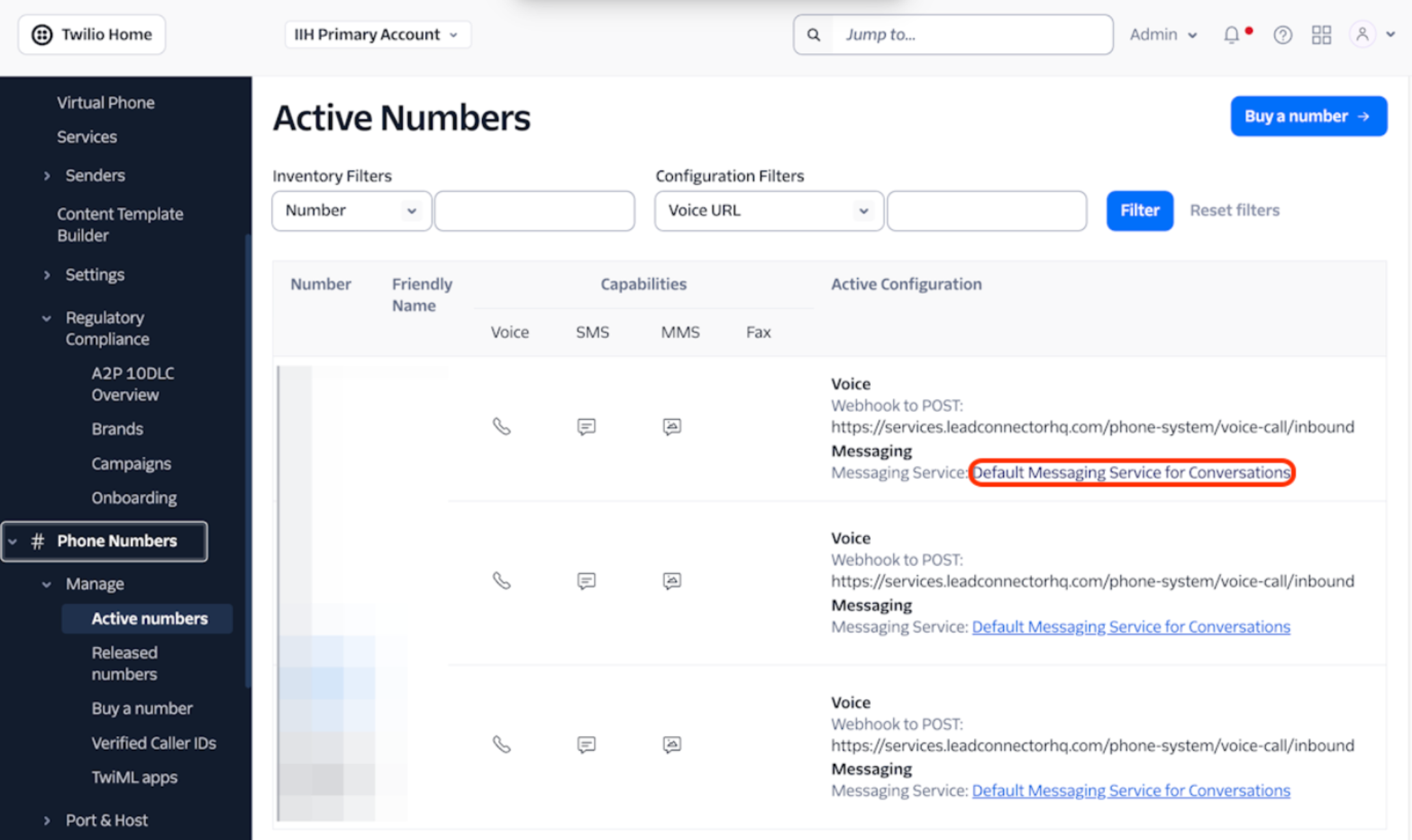 Setting up webhooks to receive incoming calls, messages and status updates for calls (for Twilio users) – Step 6: Configure Incoming Messages