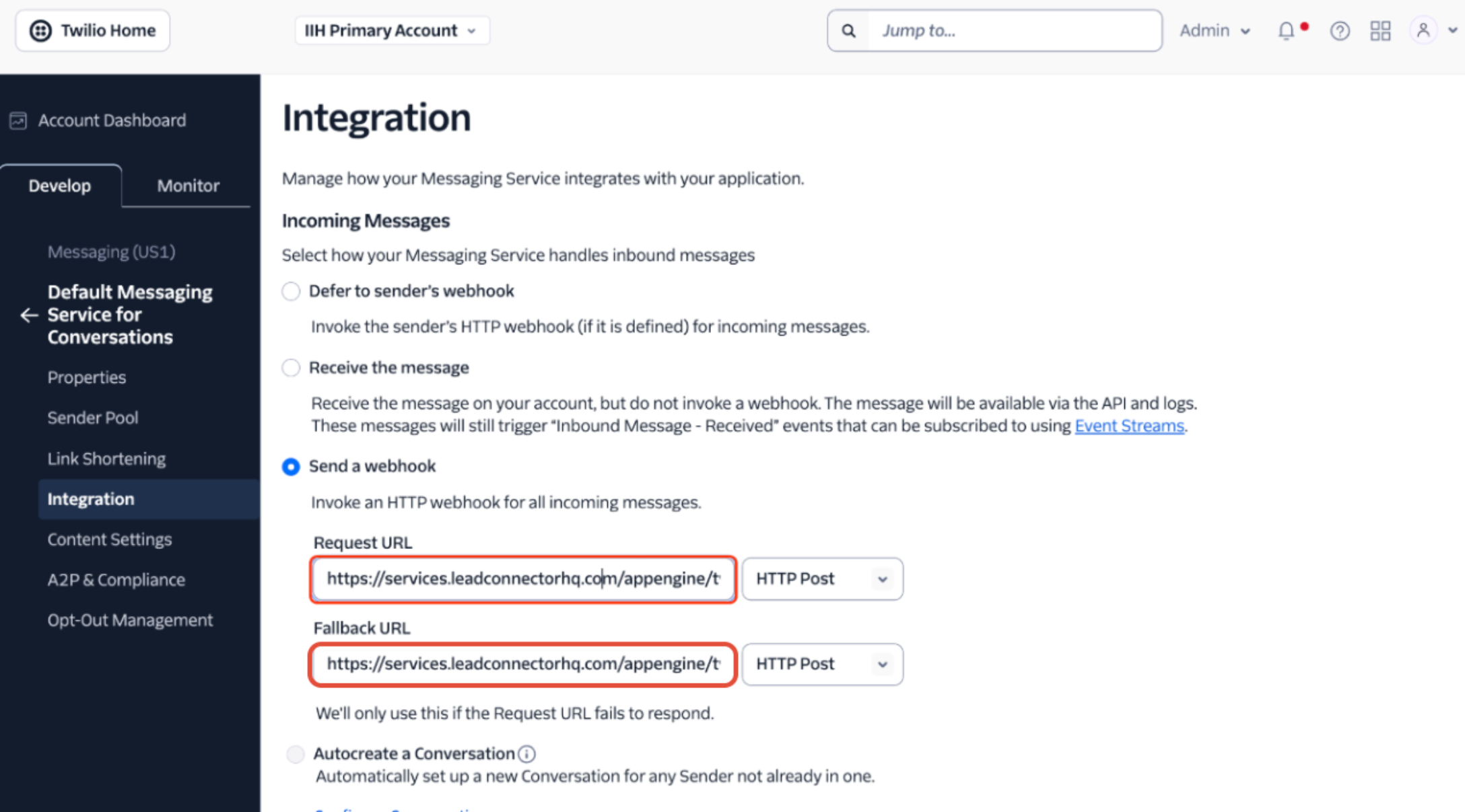 Setting up webhooks to receive incoming calls, messages and status updates for calls (for Twilio users) – Step 6: Configure Incoming Messages