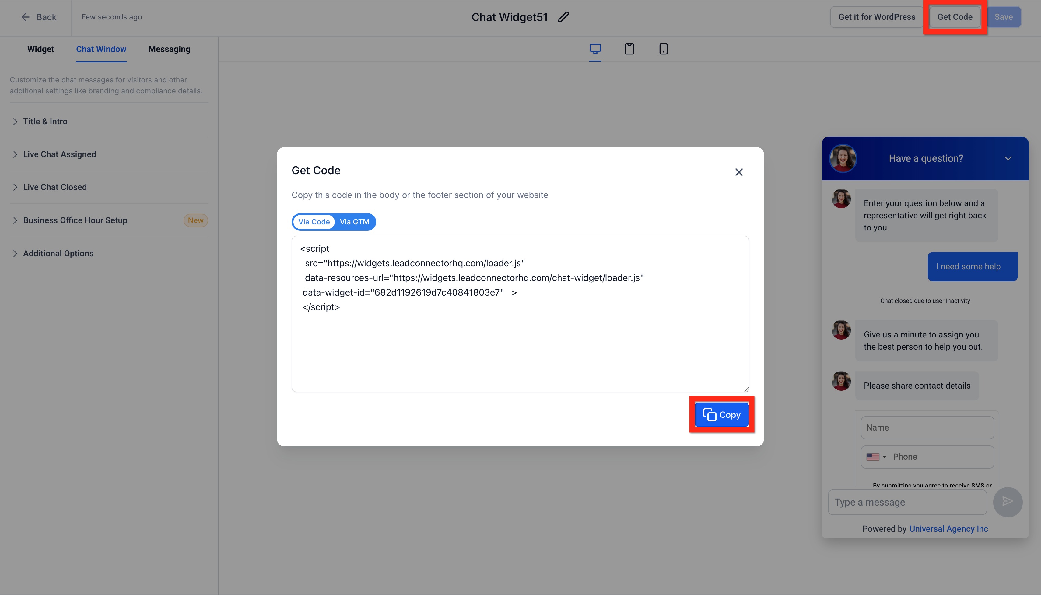 Setup Live Chat Widget – Create Live Chat Widget