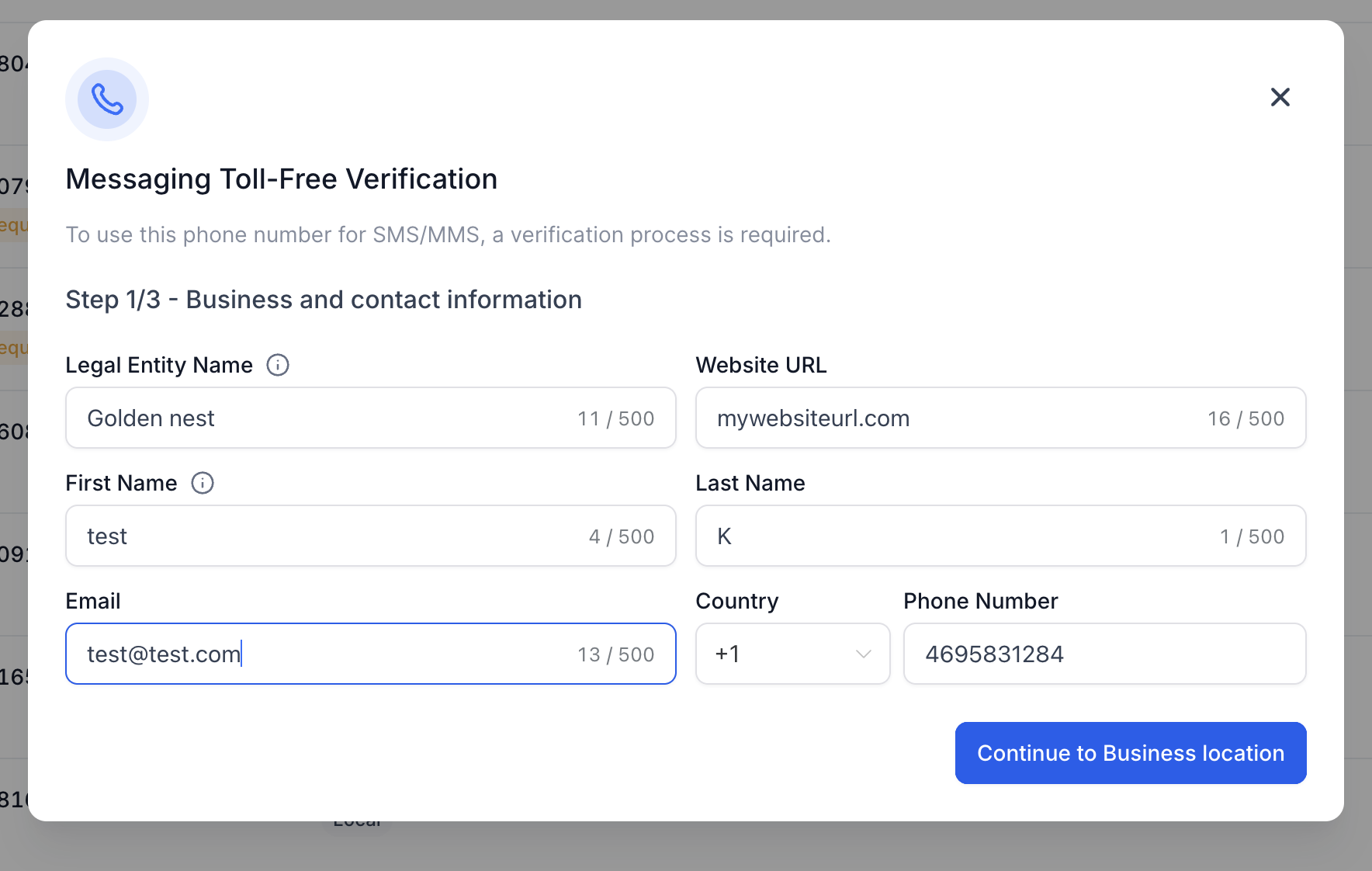 Toll-Free Number Verification Guide for LC – Phone (US/Canada) – Step 2: Add Business and Contact Information