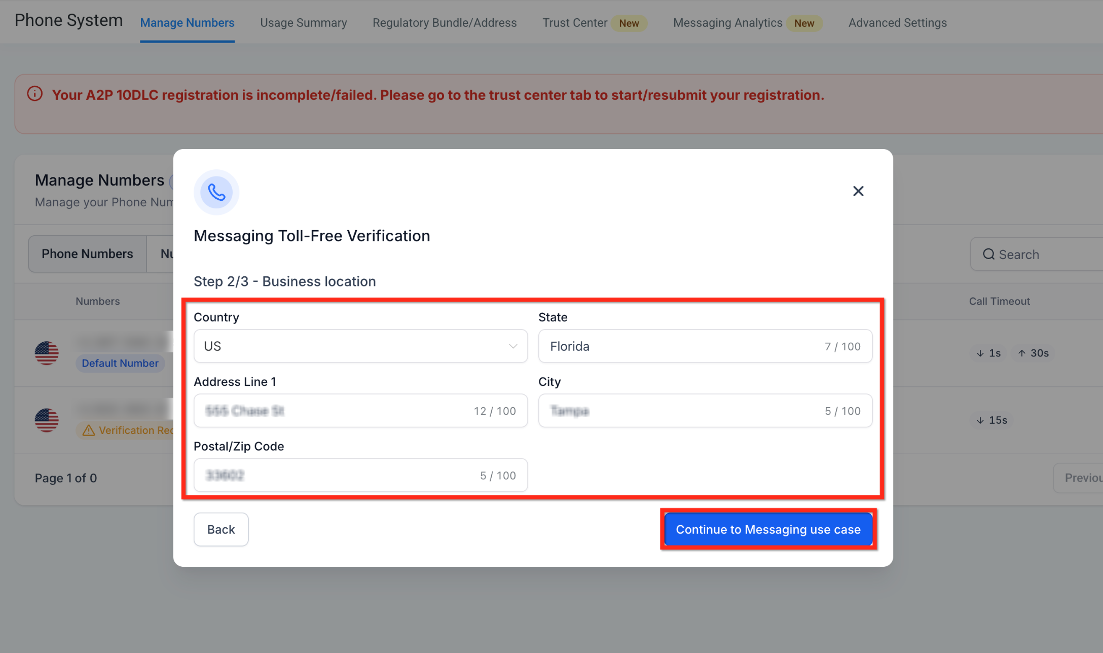 Toll-Free Number Verification Guide for LC – Phone (US/Canada) – Step 3: Add the Business Location