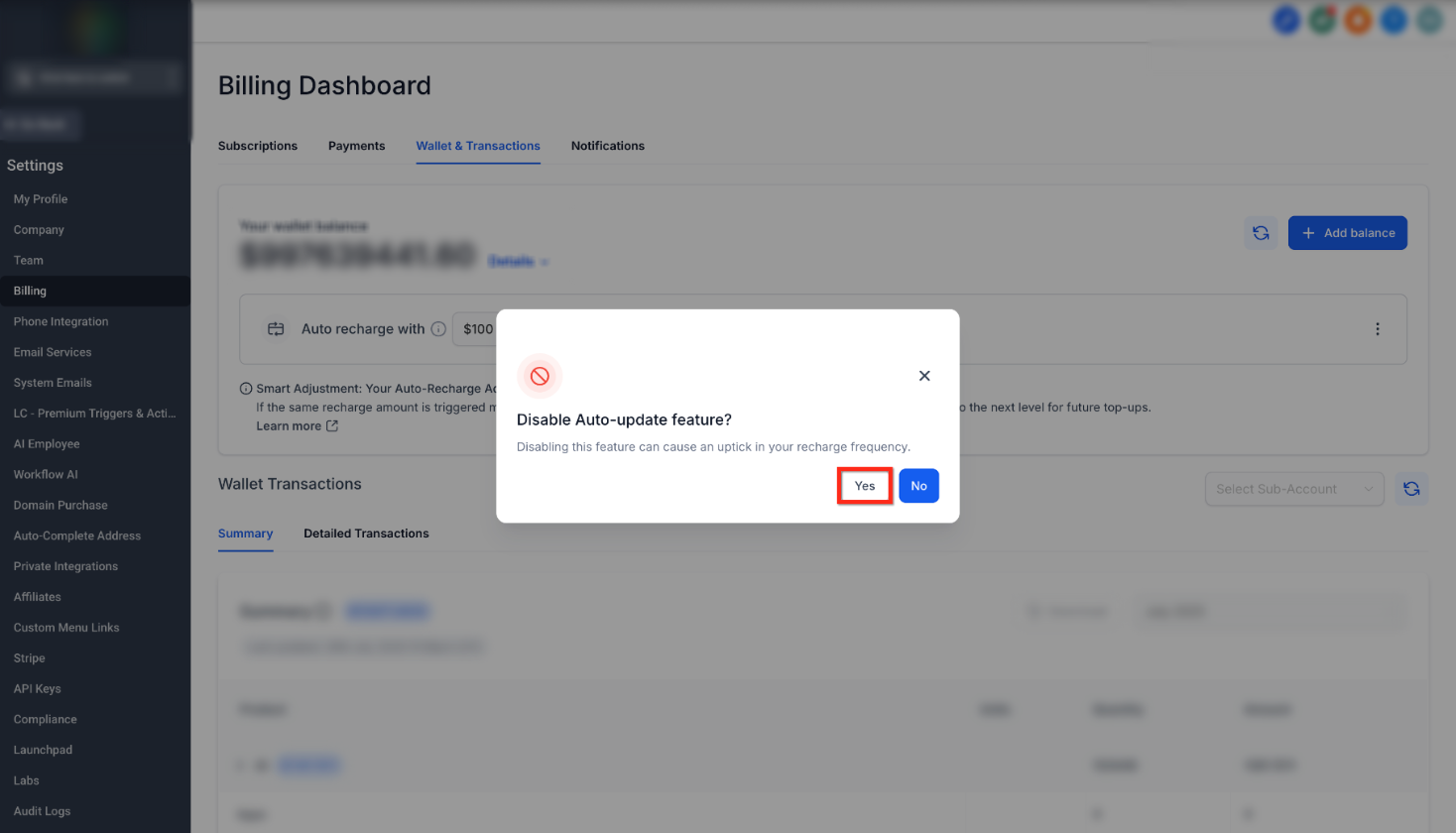 Wallet Auto Recharge and Smart Adjustment Settings – Confirm the Change