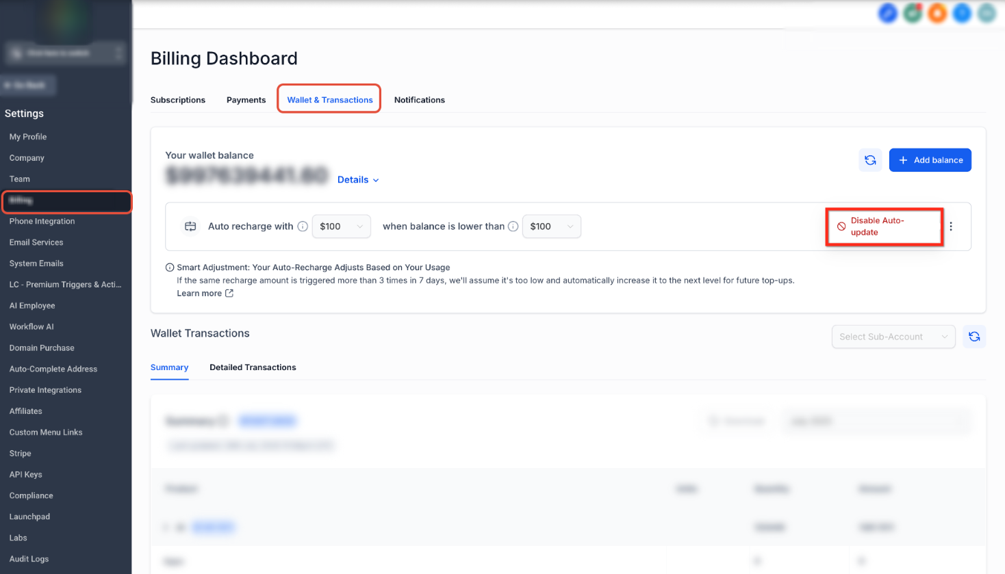 Wallet Auto Recharge and Smart Adjustment Settings – Disable Automatic Updates