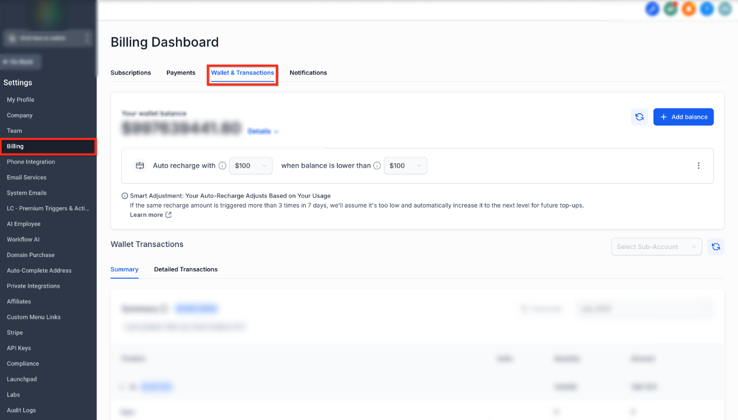 Wallet Auto Recharge and Smart Adjustment Settings – Open Billing and Wallet Transactions