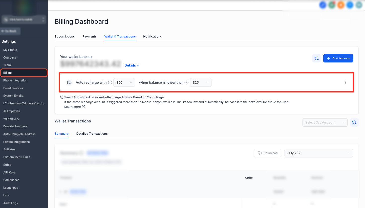 Wallet Auto Recharge and Smart Adjustment Settings – Set the Recharge Amount and Balance Threshold