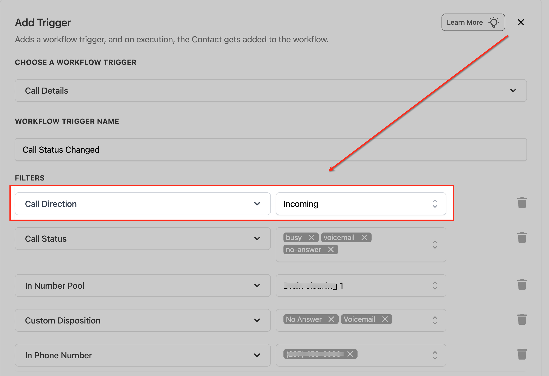 Workflow Trigger – Call Details – Step 4: Configure Call Direction