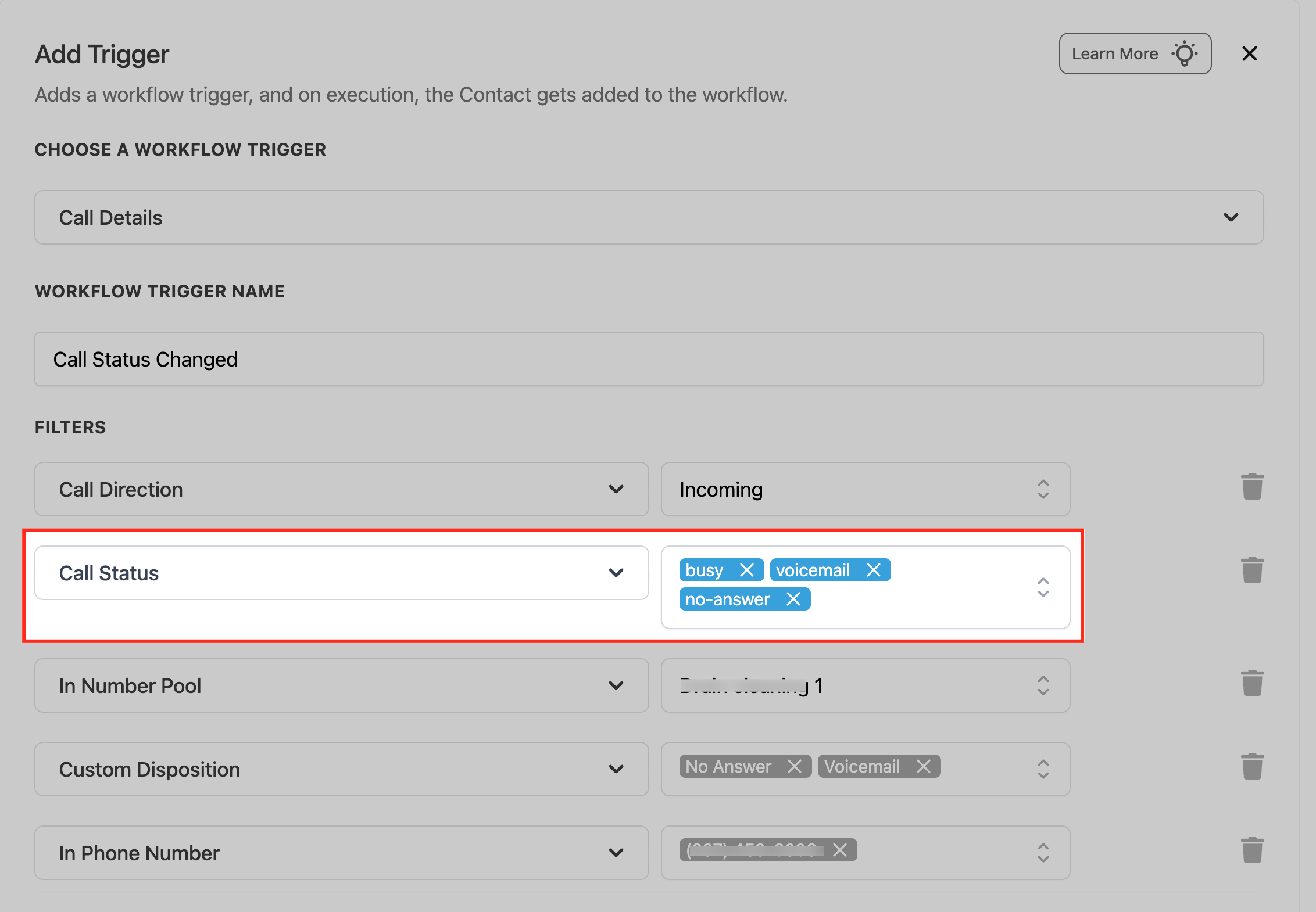 Workflow Trigger – Call Details – Step 5: Configure Call Status