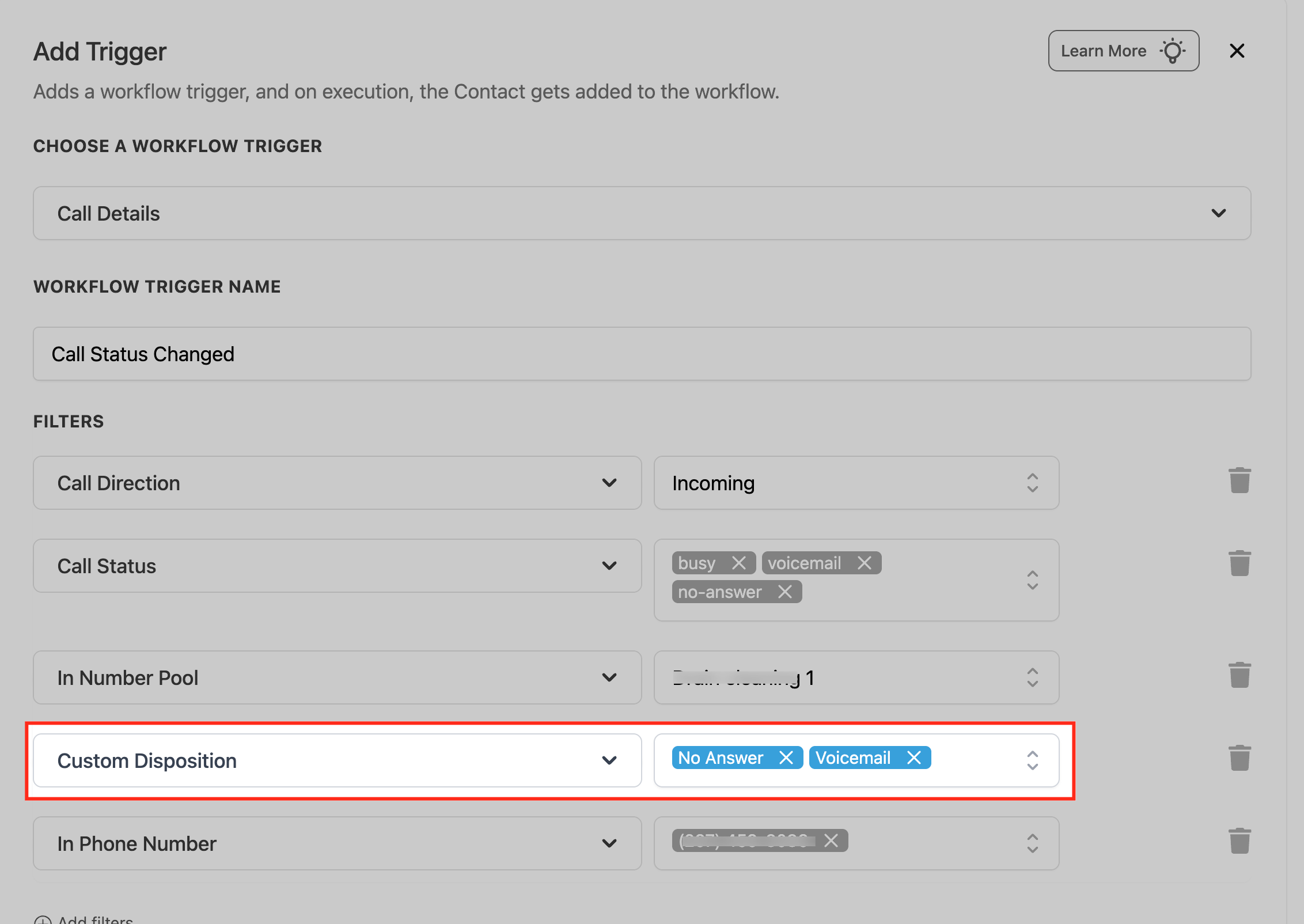 Workflow Trigger – Call Details – Step 7: Add a Custom Disposition Filter When Needed
