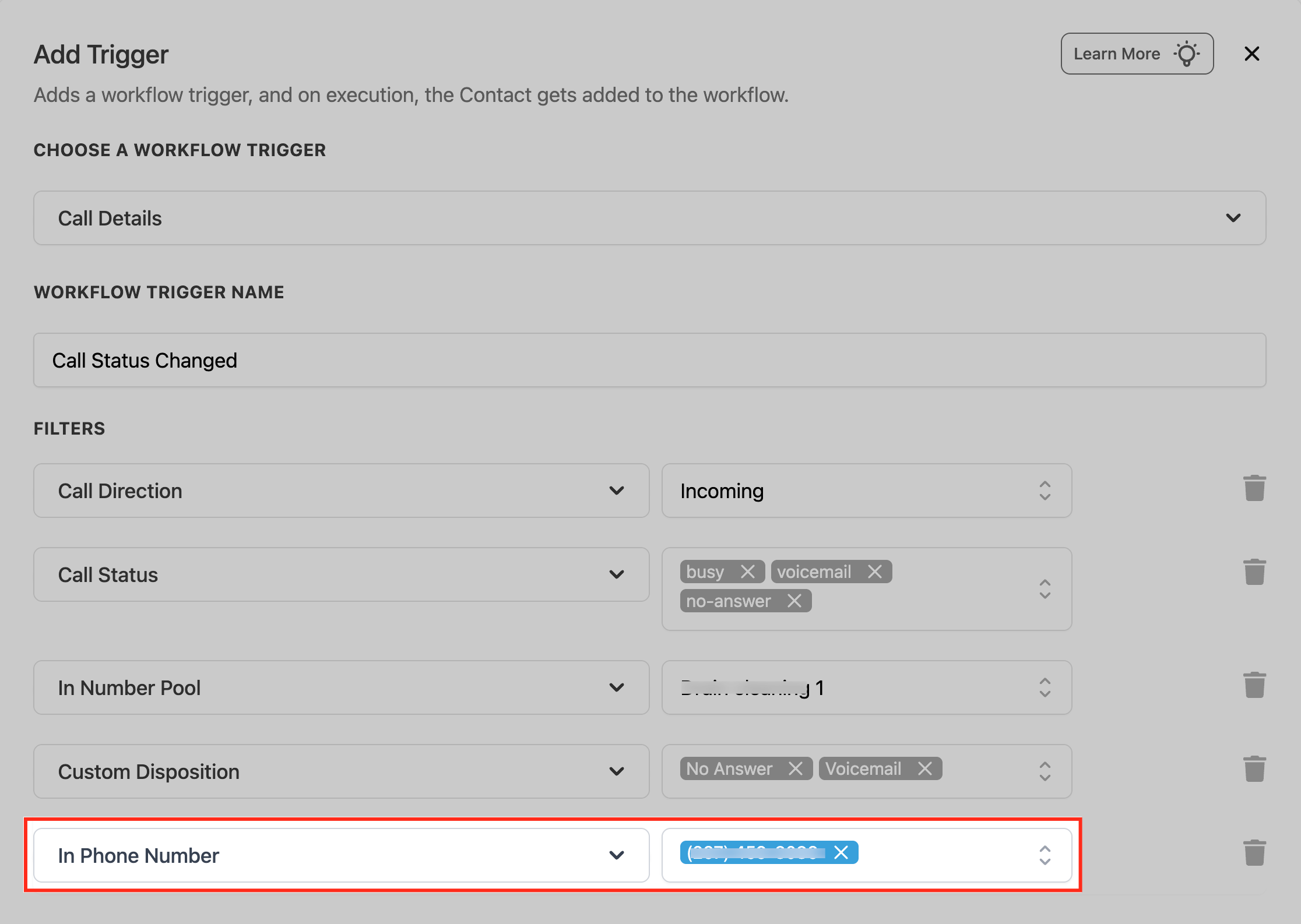 Workflow Trigger – Call Details – Step 8: Restrict the Trigger to a Phone Number When Needed
