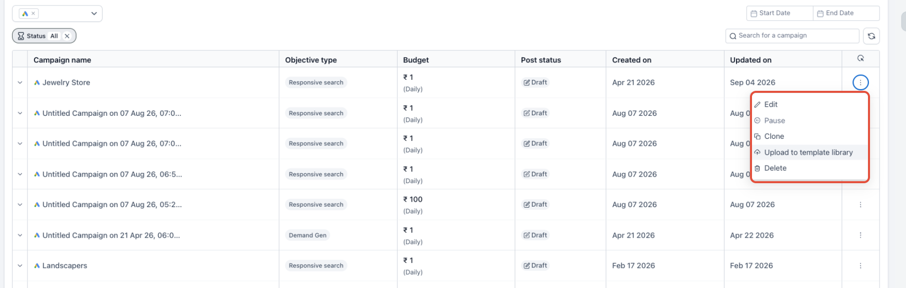 Add Custom Templates to Template Library – Ad Manager campaign menu showing the Upload to Template Library action