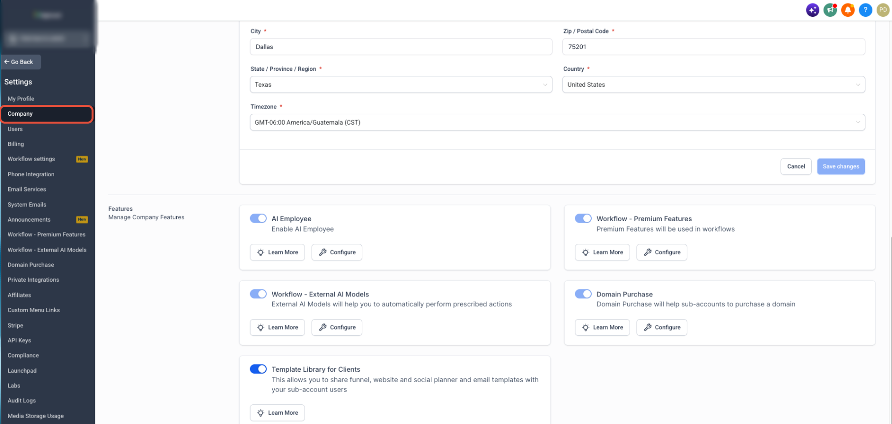 Add Custom Templates to Template Library – Agency Company settings showing the Template Library for Clients toggle