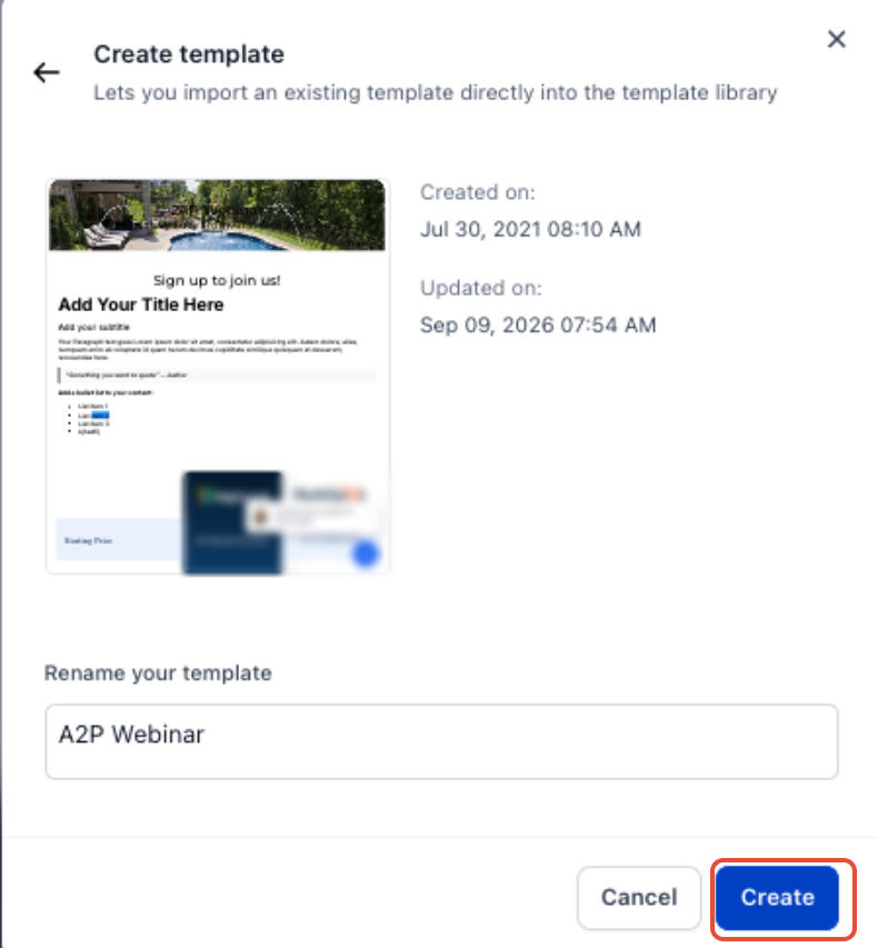 Add Custom Templates to Template Library – Create template screen showing the template preview, rename field, and Create button