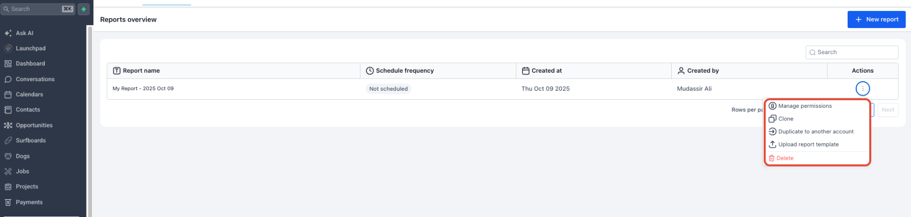 Add Custom Templates to Template Library – Reports Overview action menu showing Manage permissions and Upload report template