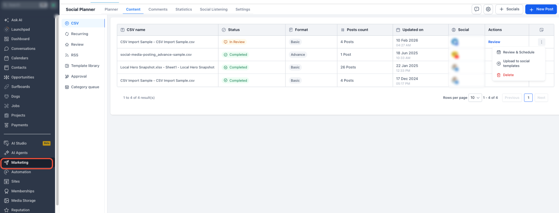 Add Custom Templates to Template Library – Social Planner Content area showing the Upload to social templates action