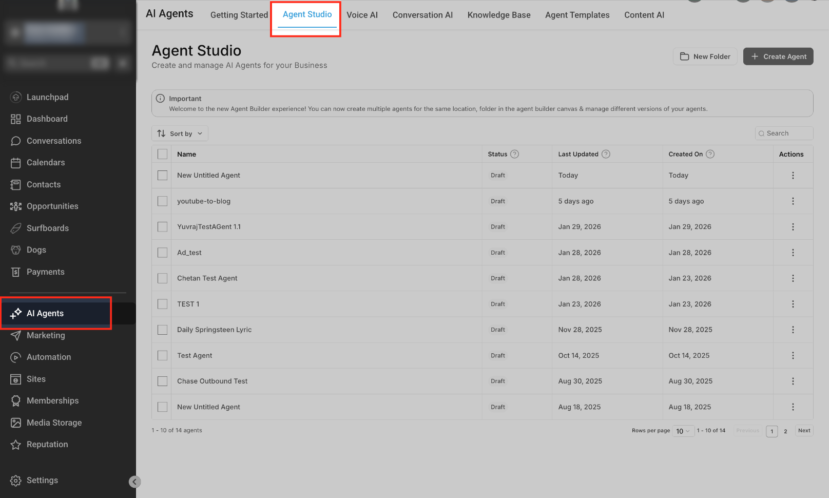 AI Tools Available in Your Account – Agent Studio dashboard showing existing flow-based AI agents