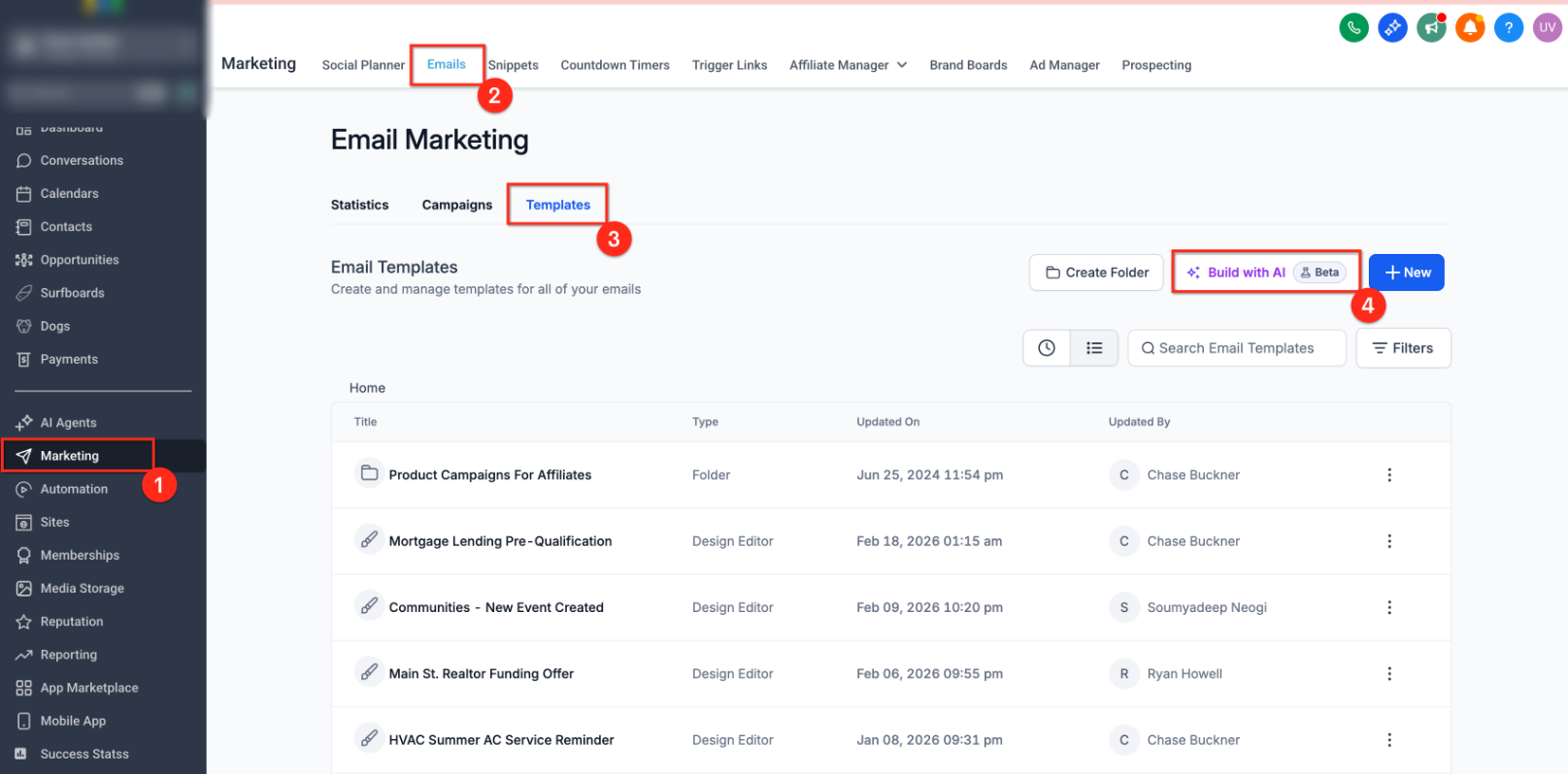 AI Tools Available in Your Account – Build with AI button in Email Marketing templates