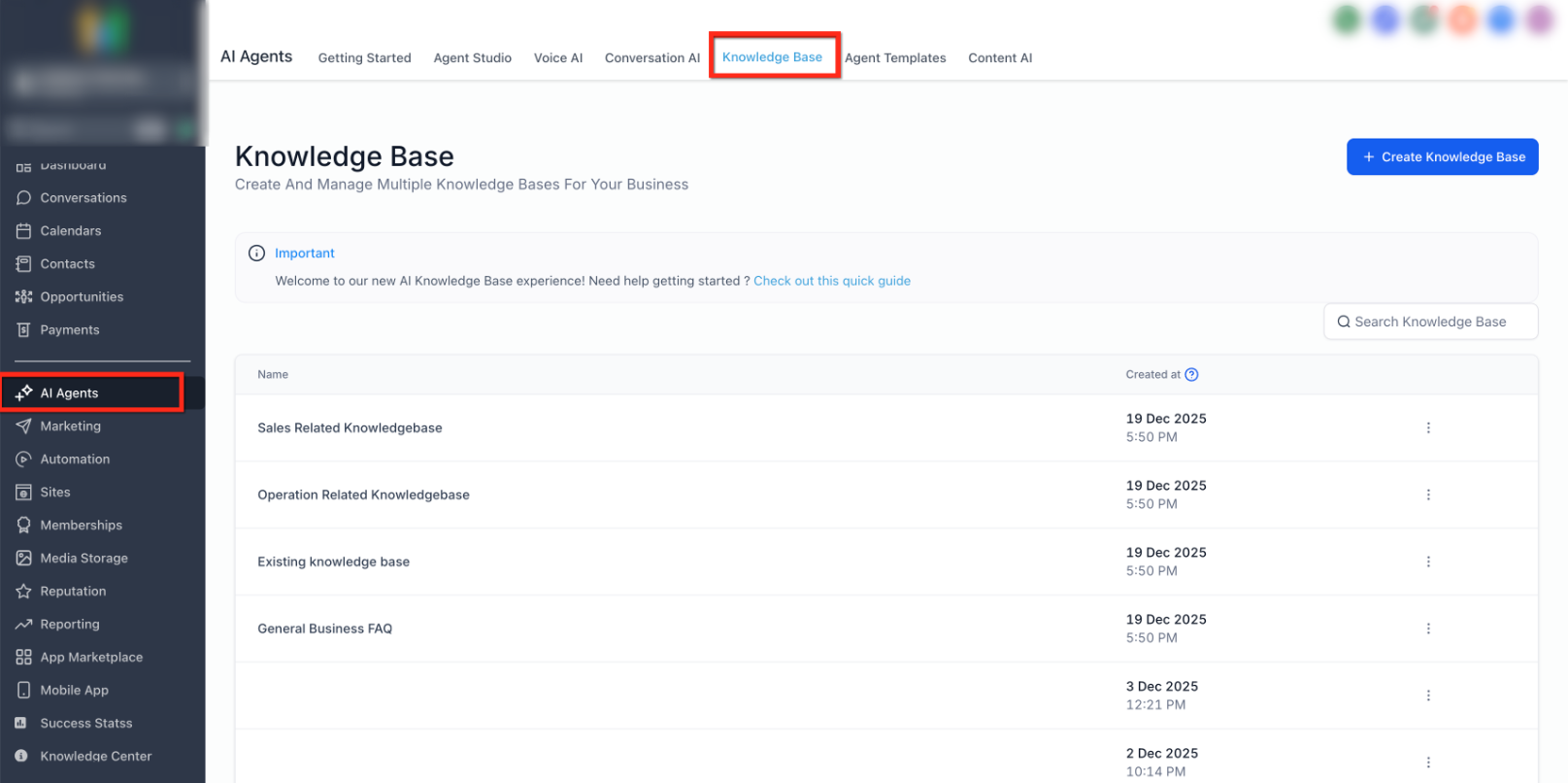AI Tools Available in Your Account – Knowledge Base list inside AI Agents