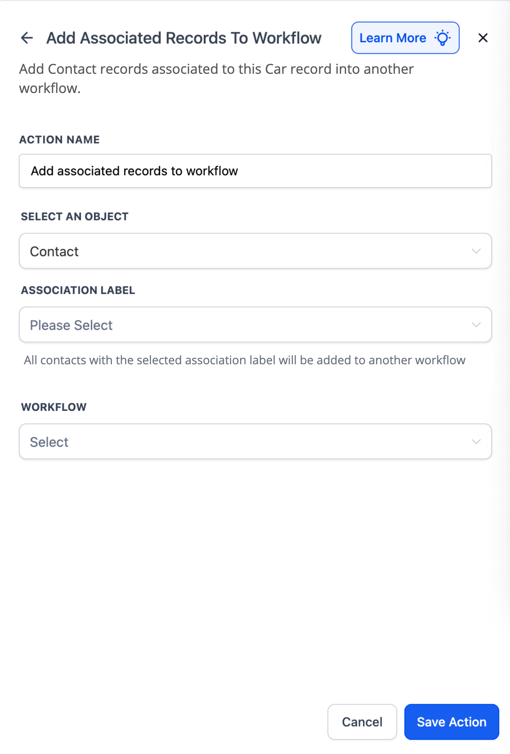 Associate Contacts Using Custom Labels – Add Associated Records to Workflow action showing object association label and workflow fields