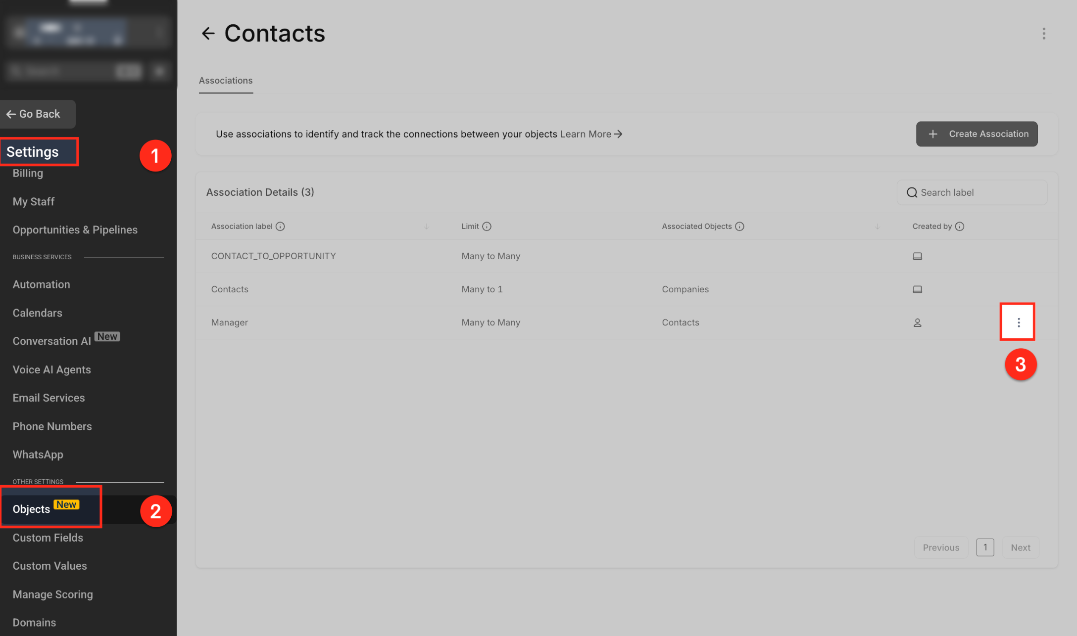 Associate Contacts Using Custom Labels – Associations list showing the three-dot menu for an association