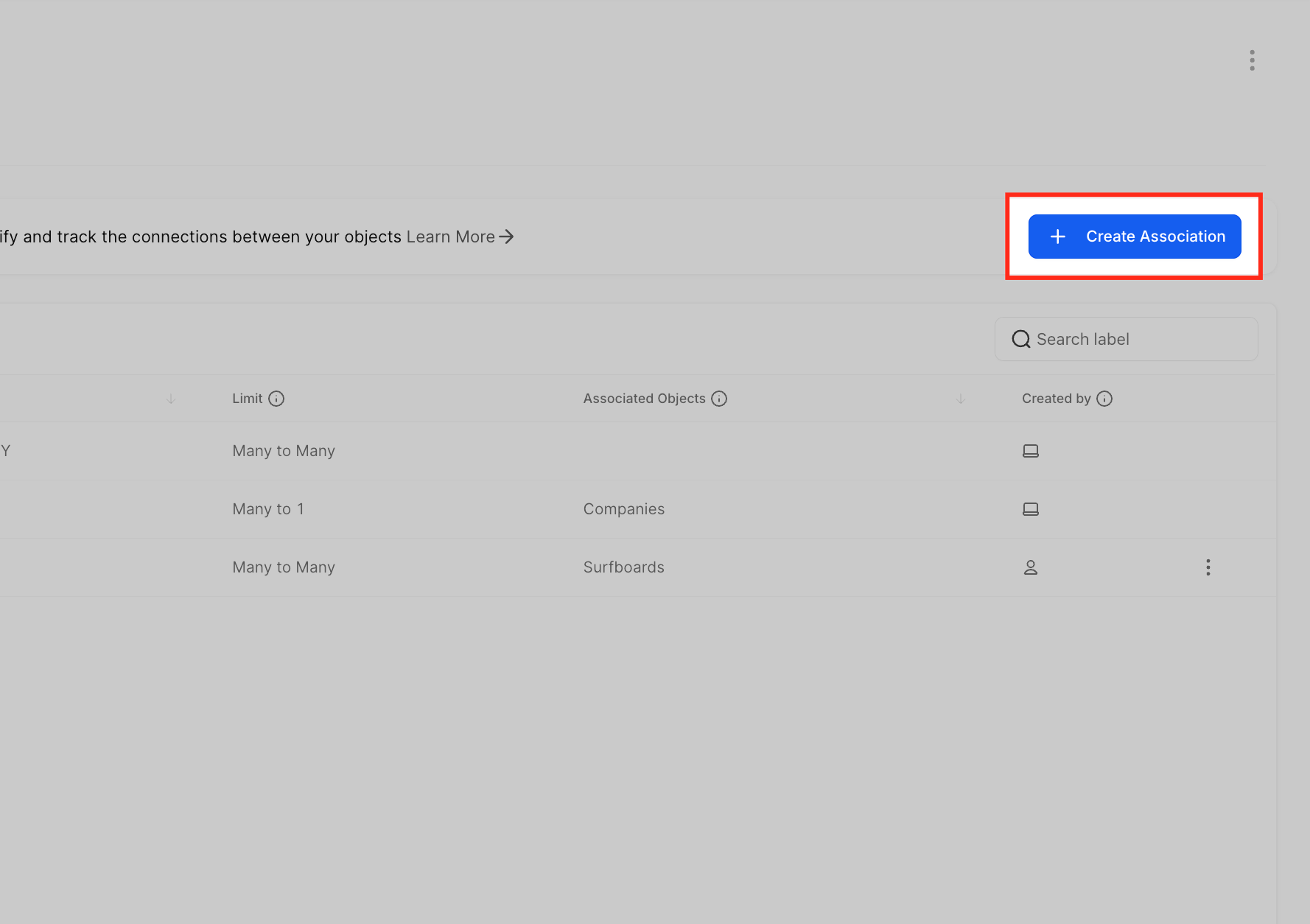 Associate Contacts Using Custom Labels – Associations page showing the Create Association button