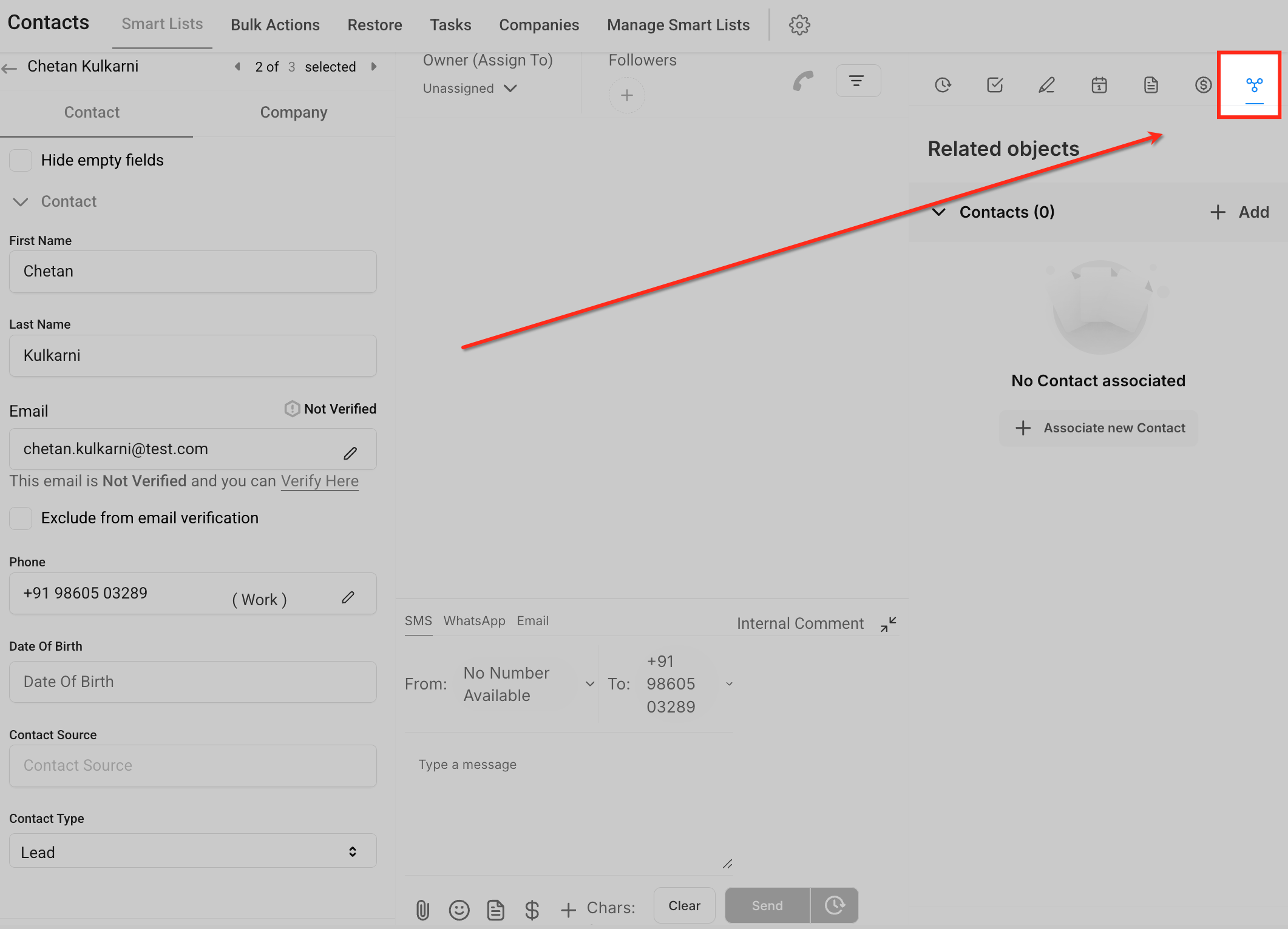 Associate Contacts Using Custom Labels – Contact record showing the Related Objects and association area