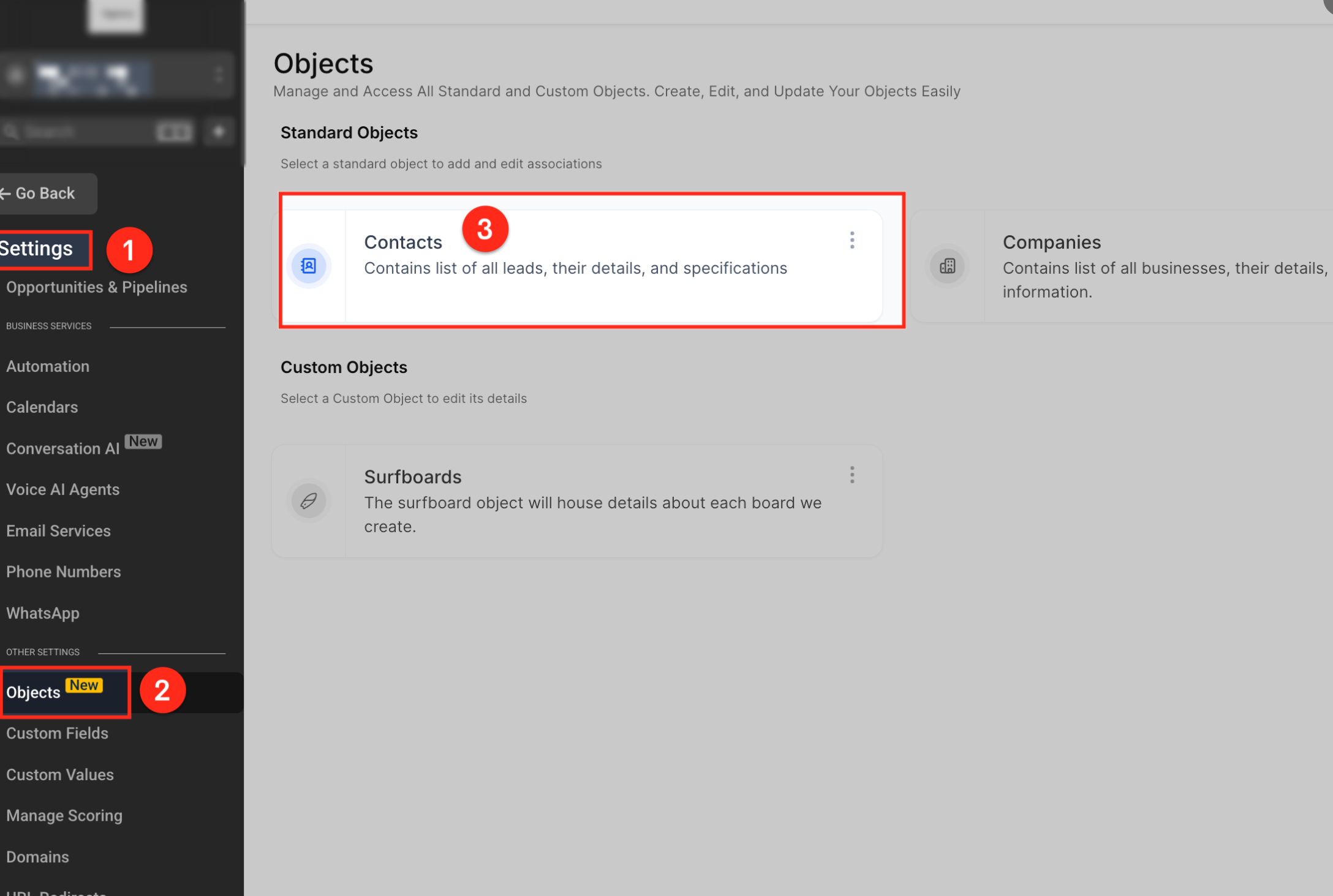 Associate Contacts Using Custom Labels – Settings Objects page showing the Contacts object