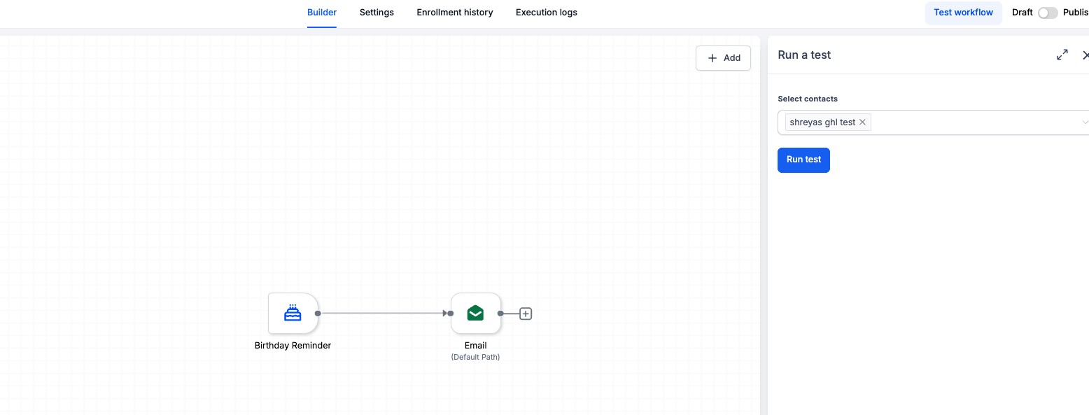 Automate Community Group Access with Workflows – Test workflow panel showing contact selection, Run test, and Draft and Publish controls