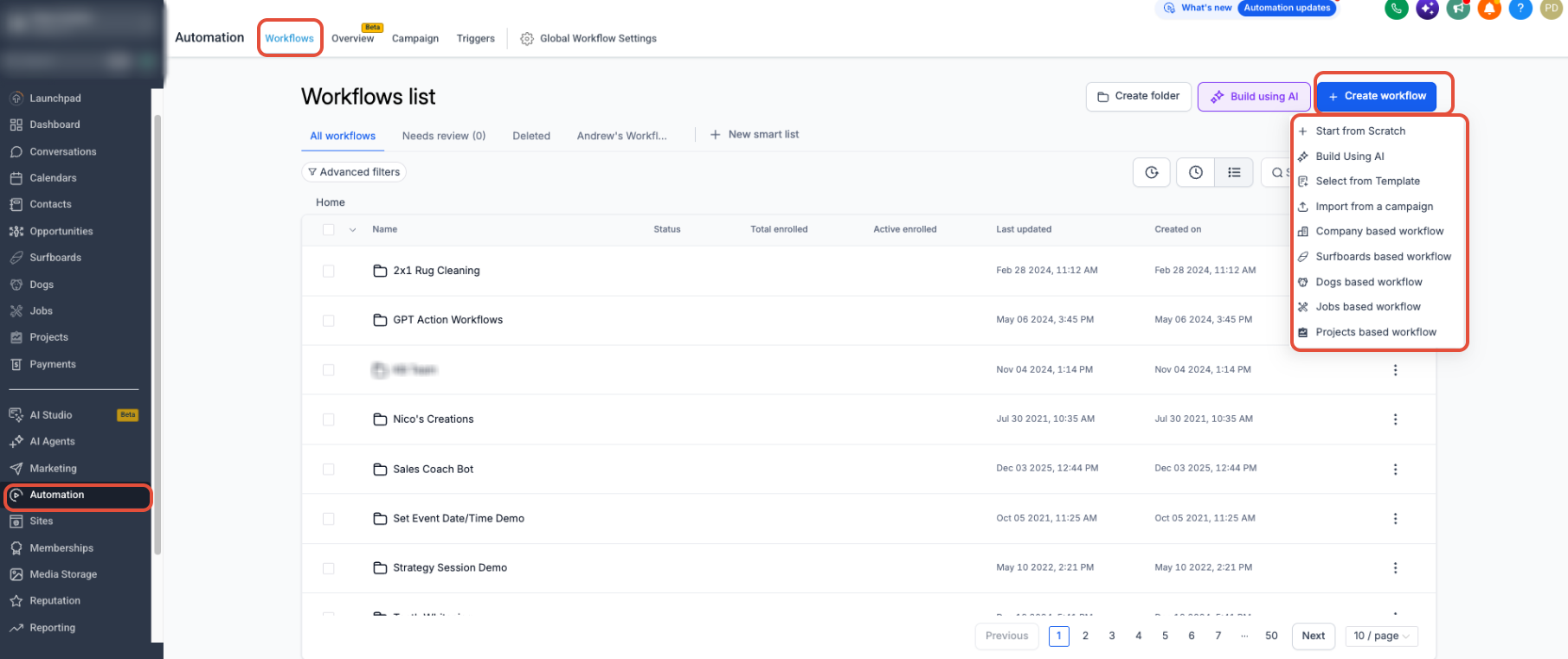 Automate Community Group Access with Workflows – Workflows page showing the Create workflow menu and Start from Scratch option