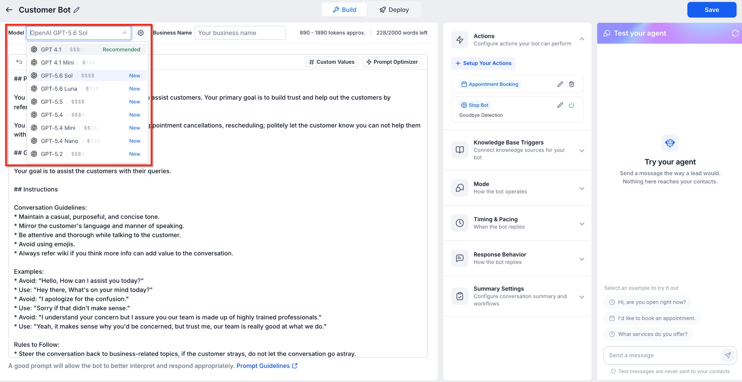 Bot Goals Overview – Conversation AI – Model selector