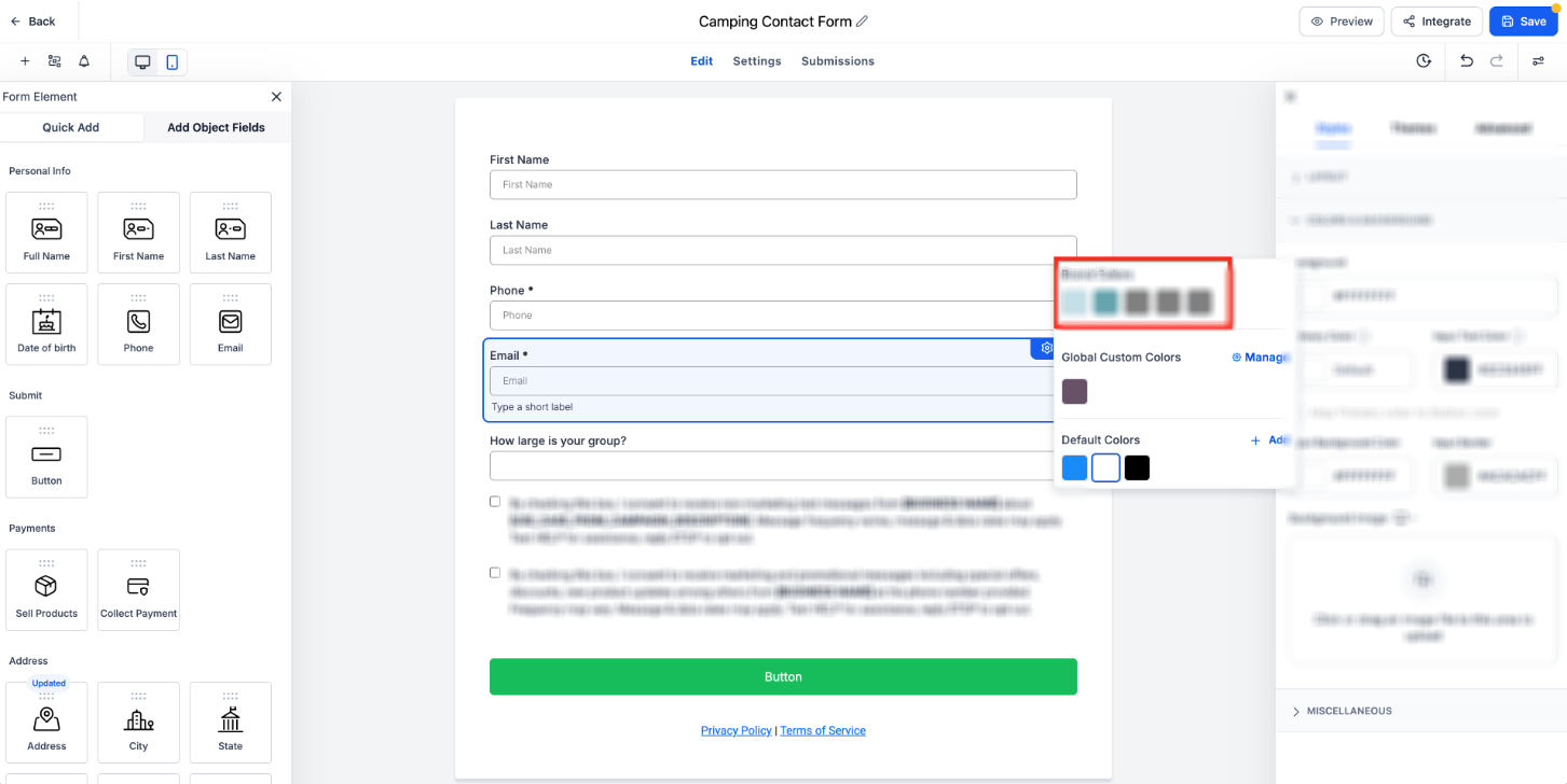 Brand Board Colors in the Form, Survey, and Quiz Builder – How Brand Board Colors work in the Builder