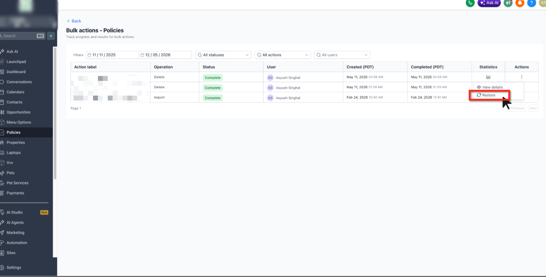 Bulk Delete and Restore Records for Custom Objects, Companies, and Tasks – Restore option for an eligible bulk deletion job