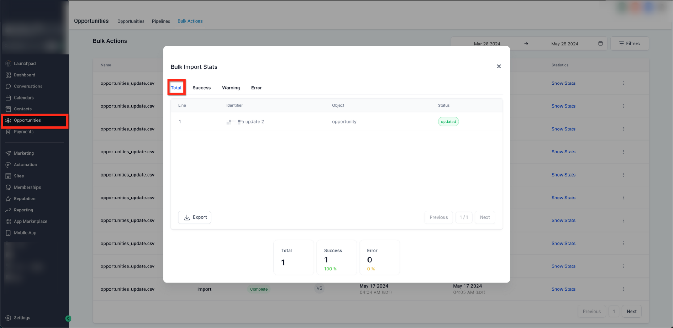 Bulk Opportunity Import Guide: Upload, Map, and Verify CSV Data – Viewing Import Statistics