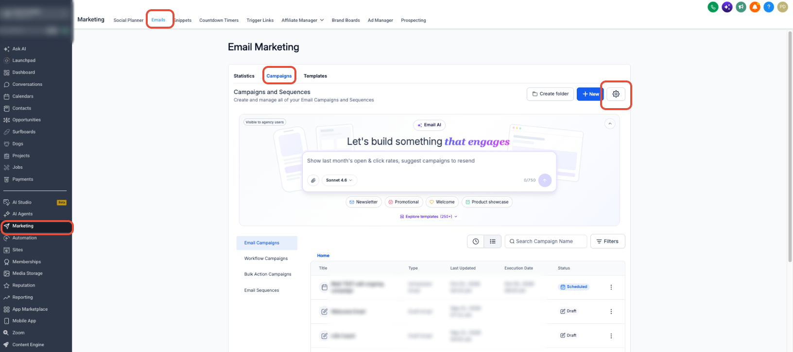 Configuring Unsubscribe Flows (One-Step, Two-Step, Dynamic) – Email Campaigns page showing the Settings gear