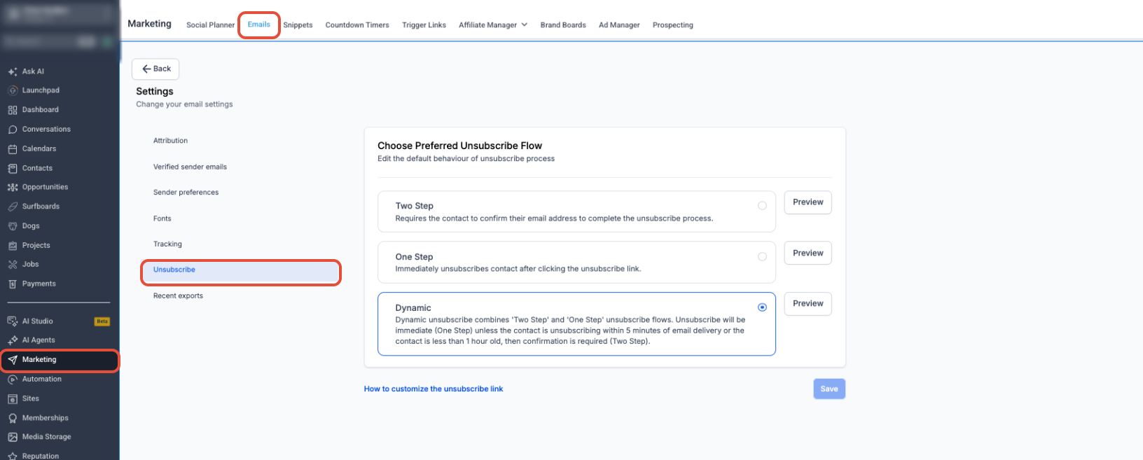 Configuring Unsubscribe Flows (One-Step, Two-Step, Dynamic) – Unsubscribe settings showing One Step, Two Step, Dynamic, Preview, and Save