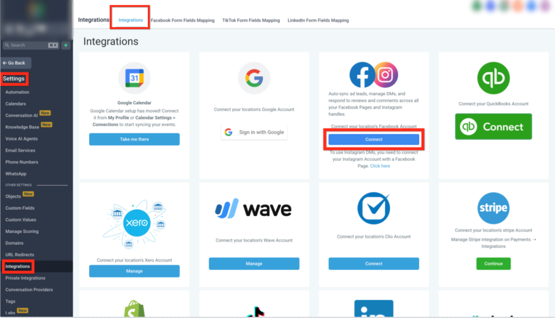 Connect Facebook & Instagram Messages to Your Unified Inbox – Open the settings area and navigate to the section used to manage integrations. Locate the social messaging o…