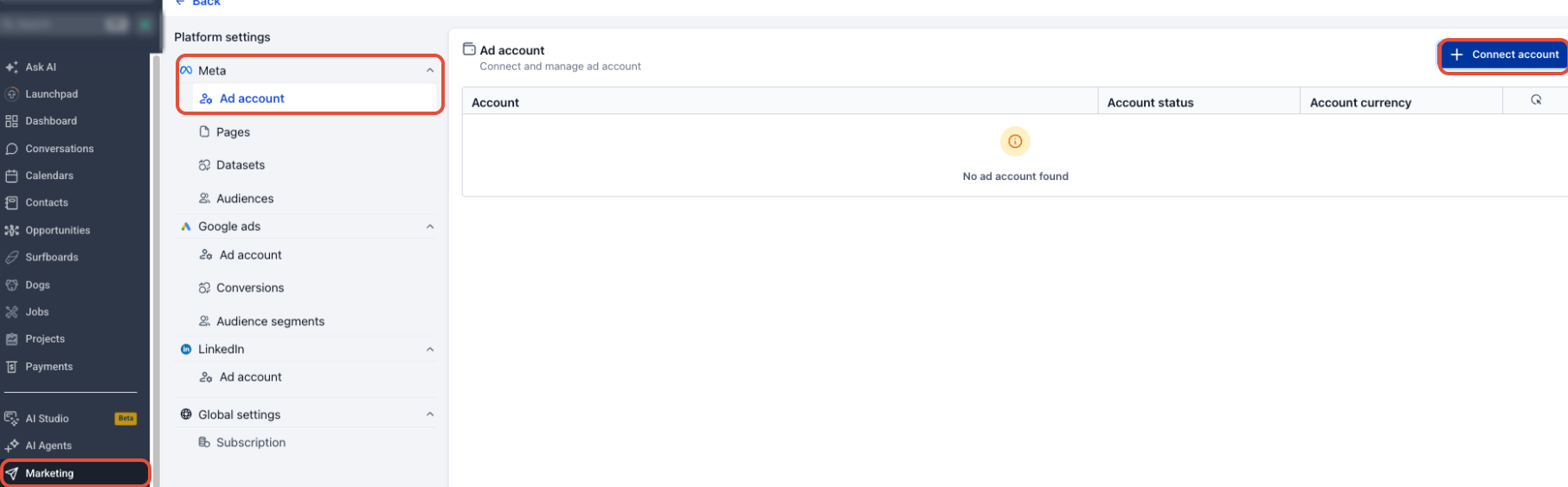Connecting Facebook Business Account to Ad Manager – Ad Manager setup screen for connecting Facebook and selecting Meta assets