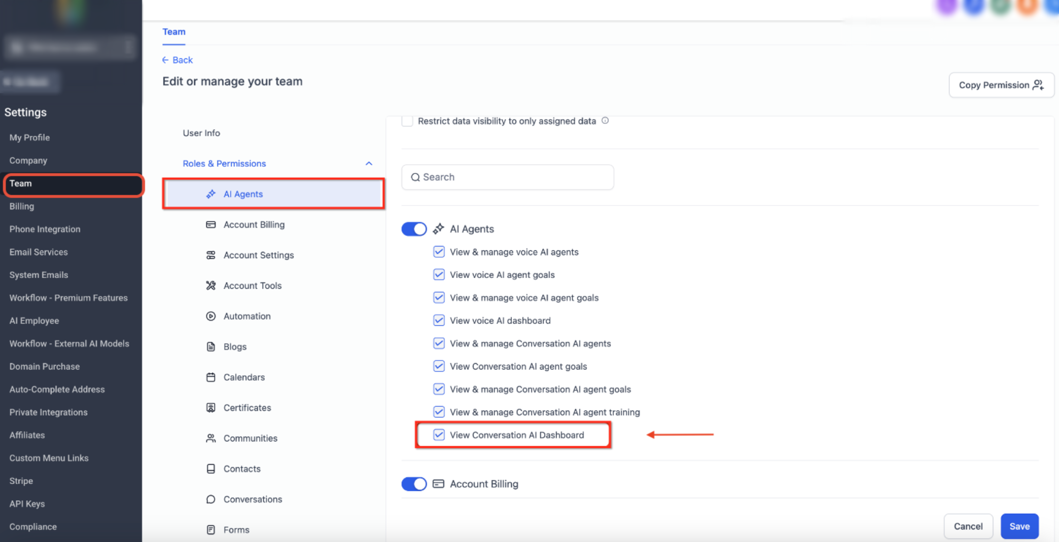 Conversation AI Agents Dashboard – Access & Permissions