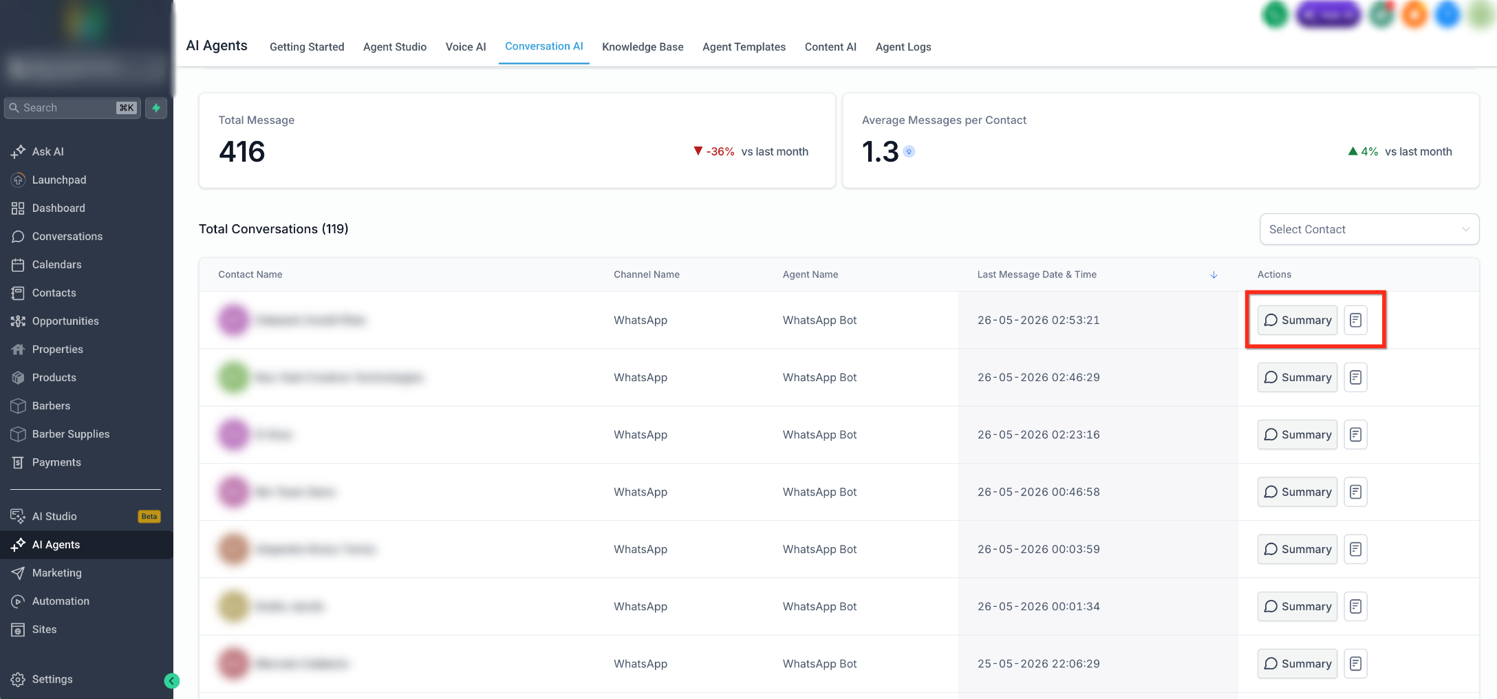 Conversation AI Agents Dashboard – Conversation Summary and Transcript