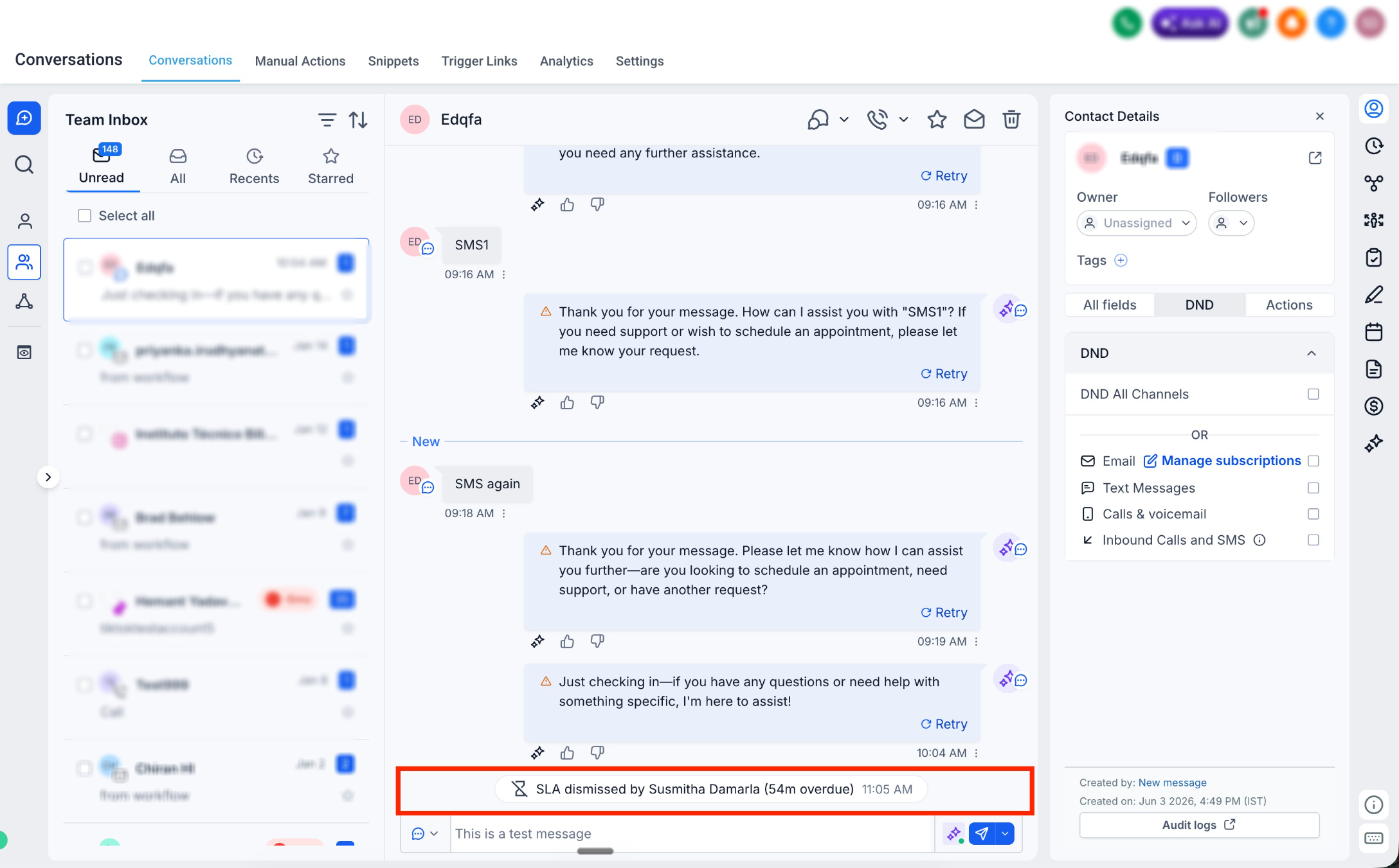 Conversations: SLA Workflow Triggers & Permissions – When SLA is dismissed, a log is posted on the conversation showing which user dismissed the SLA and the SLA s…