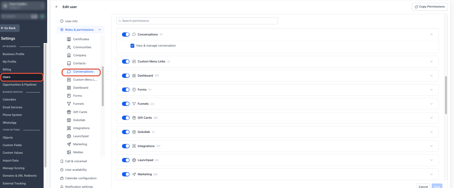 Conversations – Snippets – User Roles and Permissions showing Conversations permission with View and manage conversation enabled