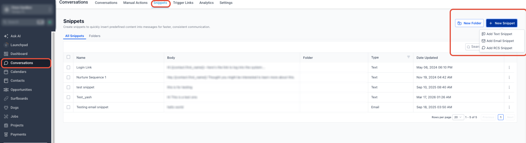 Create and Use SMS Snippets – Snippets page showing the option to create a new Text Snippet