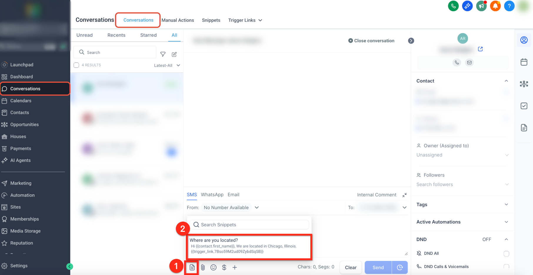 Conversations – Snippets – Conversation composer showing the Snippets picker for selecting reusable message content