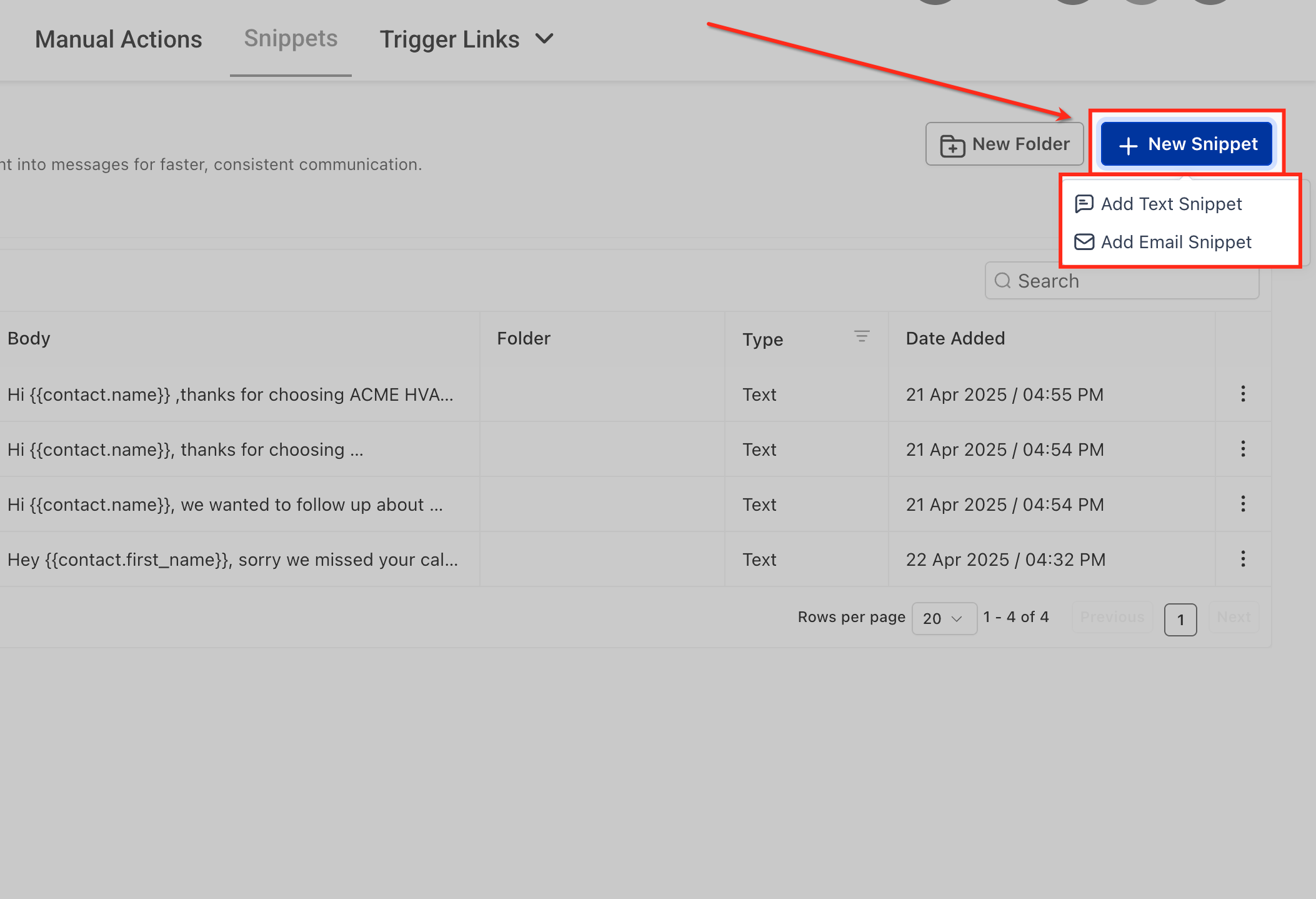 Conversations – Snippets – HiRise Snippets dashboard showing New Folder and New Snippet with Text and Email Snippet options