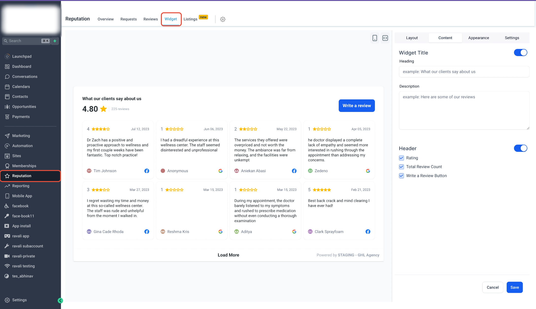 Customising Review Widgets in Reputation Management – Content Tab: Editing Widget Header and Description