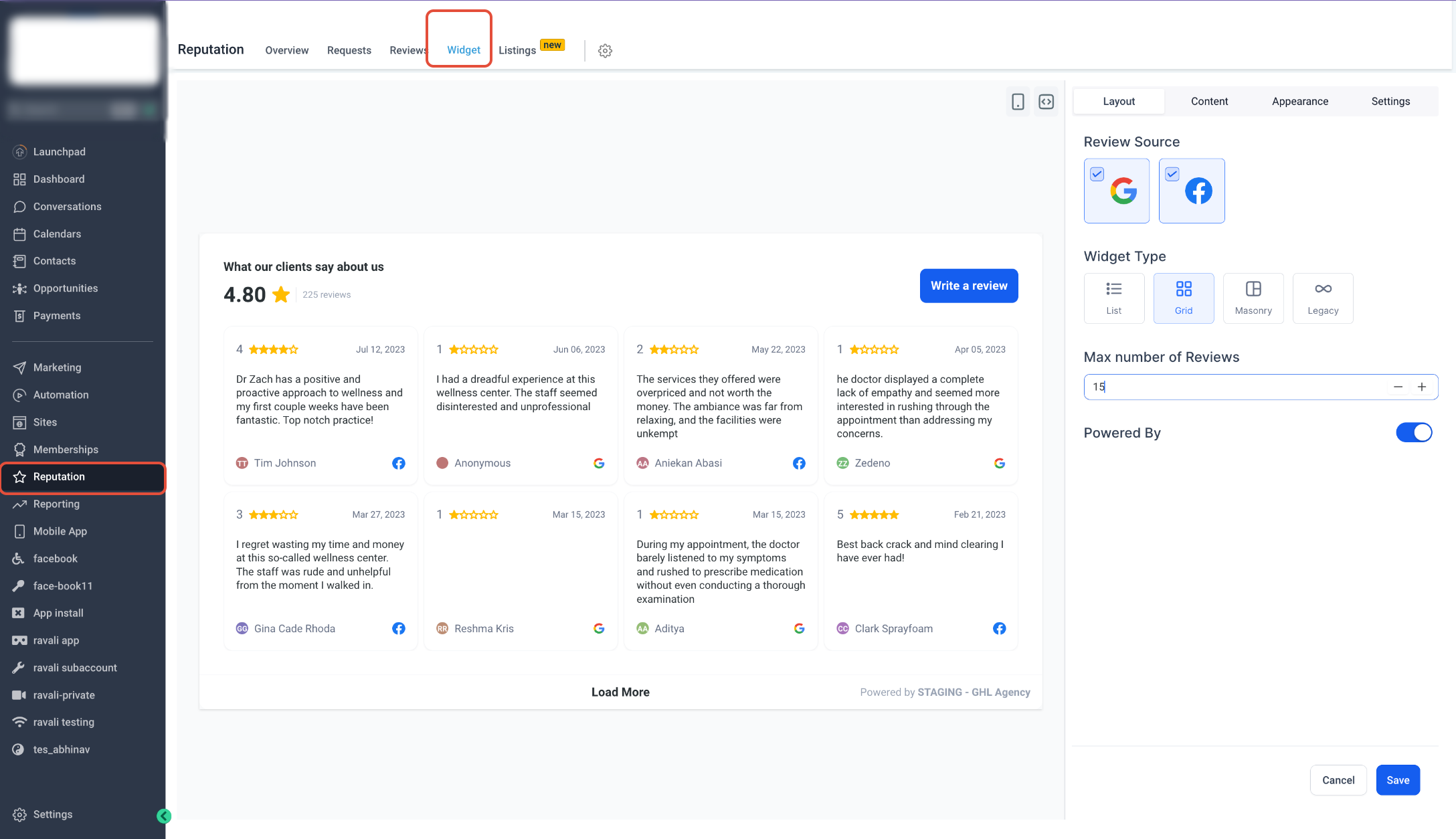Customising Review Widgets in Reputation Management – Layout Tab: Configuring Widget Structure